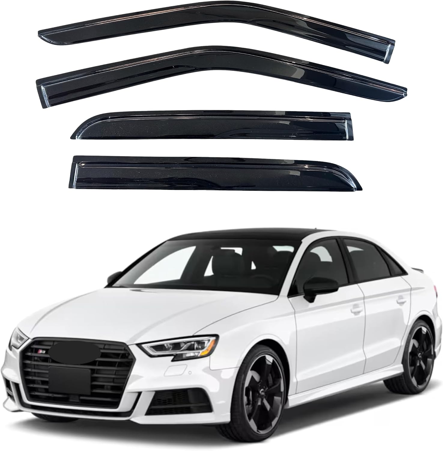 KPY Window Visor Compatible with Audi A3 Sedan 2014-2020, 4PC Rain Guard Side Window Vent Deflectors Tape-On Mugen Style, 2014 2015 2016 2017 2018 2019 2020 14-20 A3 Sedan