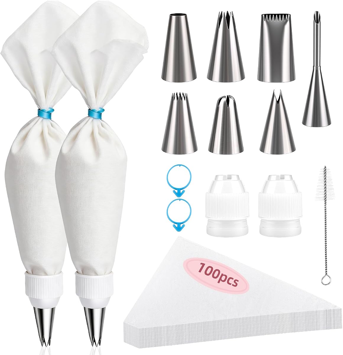 Piping Bags and Tips Set, 16 Inch 114 Pcs Cake Decorating Kit | with 100 Disposable Icing Bags, 2 Reusable Pastry Bags, 7 Stainless Steel Frosting Tips, 2 Couplers, 2 Bag Ties and 1 Brush