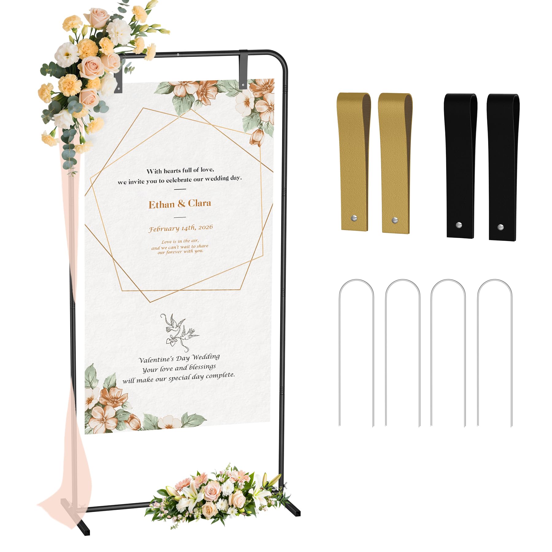 Photo 1 of Babenest Welcome Sign Stand, Black Adjustable Metal Linen Sign Holder with 4 Ground Stakes & 2 Leather Straps, Wedding Banners & Posters for Baby Bridal Valentine Standing Display (Without signs)