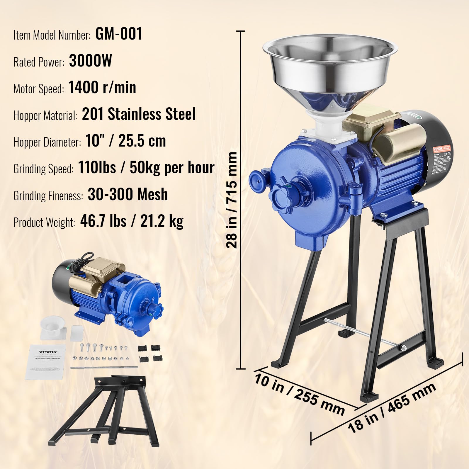 VEVOR Molinillo de Grano Eléctrico 3000 W Molinillo de Especias Comercial Molino de Harina de Trigo Seco Espesor Ajustable con Embudo para Moler Cereales Especias Hierbas Pimientos Maíz