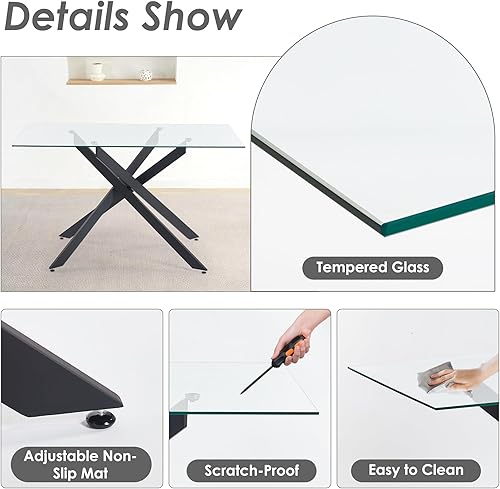 Miniatura 6 de Juego de mesa de comedor de 7 piezas para 6, mesa rectangular moderna de cristal con 6 sillas tapizadas de cuero, juegos de mesa y sillas de comedor