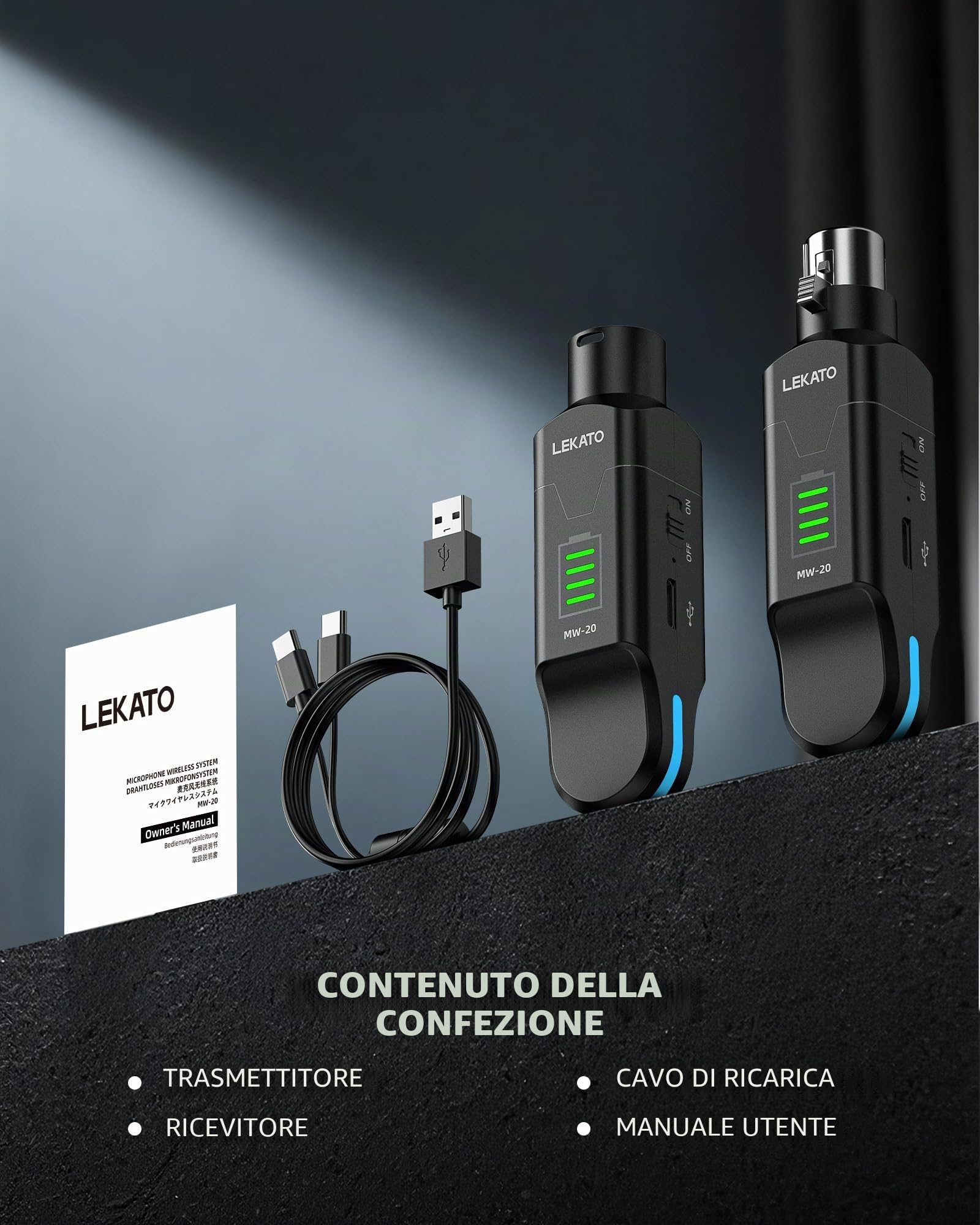 LEKATO Trasmettitore e ricevitore XLR wireless 2,4 GHz, alimentazione phantom 48 V, microfoni condensatore/dinamici, Plug & Play, runtime 8H per PA, mixer, performance live