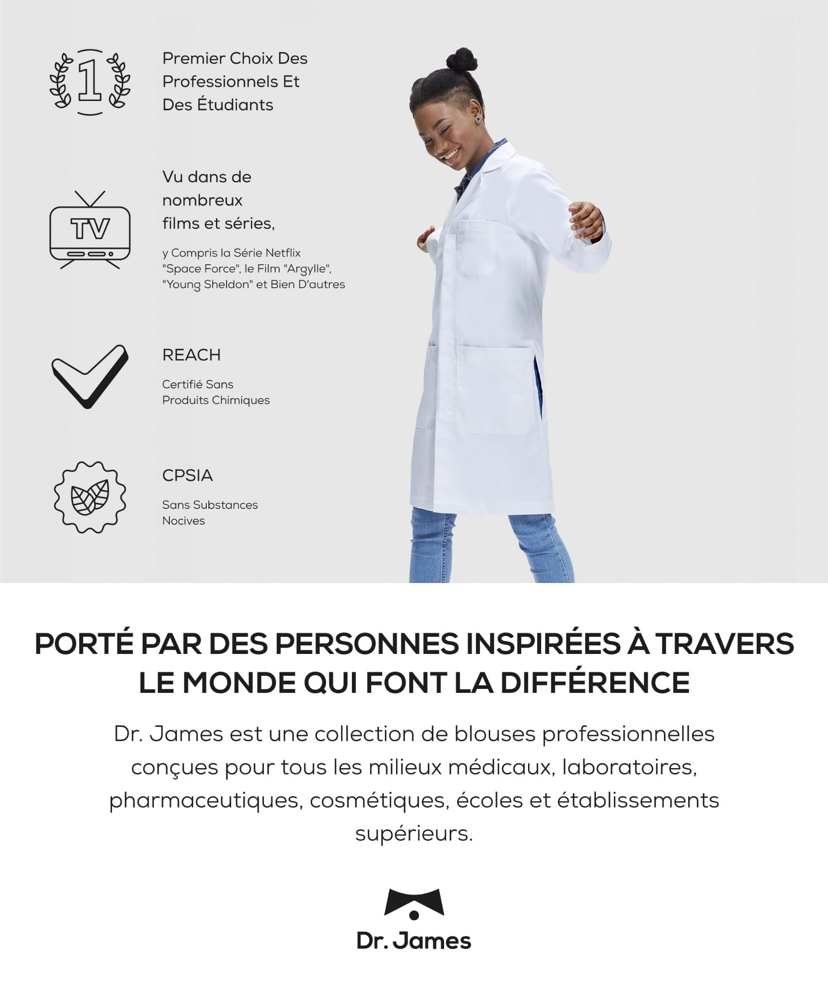 Dr. James Blouse Blanche de Laboratoire Femme Premium, Coupe Cintrée Slim Fit, Fermeture à Pressions Cachées, 2 Poches Hanches, Longueur 84 cm (33"), Tissu Certifié OEKO-TEX®