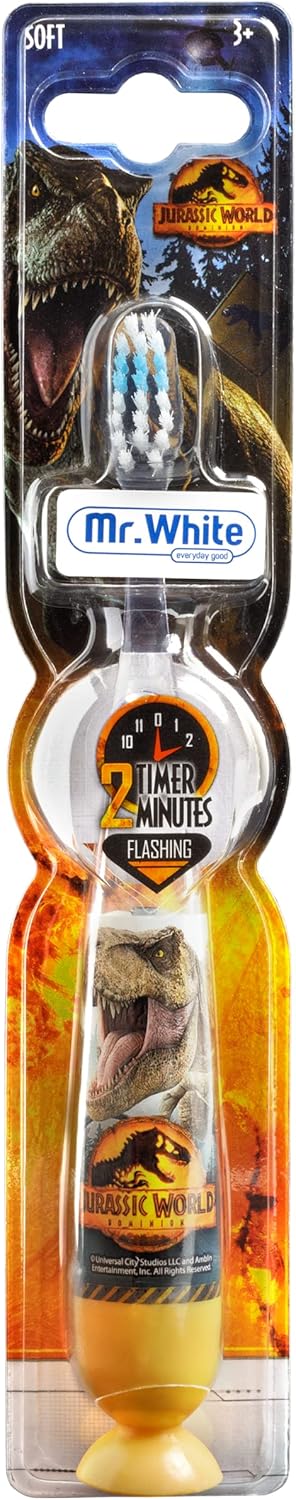 Mr.White Jurassic World - Cepillo de dientes intermitente con batería para niños, con temporizador de 2 minutos, adecuado para más de 3 años de cerdas suaves, blanco y naranja