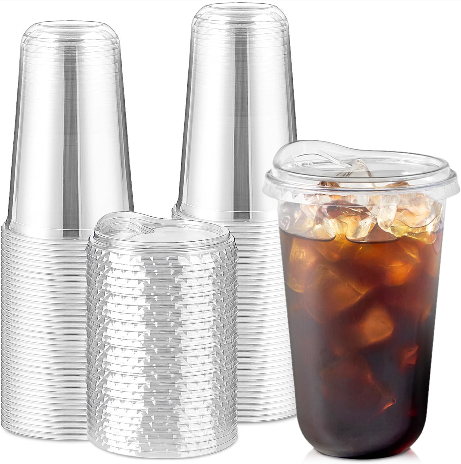 18 Oz Round Bottom Clear Plastic Cups with Sip Lids, 50 Sets, Disposable Iced Coffee Cups with Strawless Lids To Go Cold Drink Cups for Smoothies, Juices, Party Catering