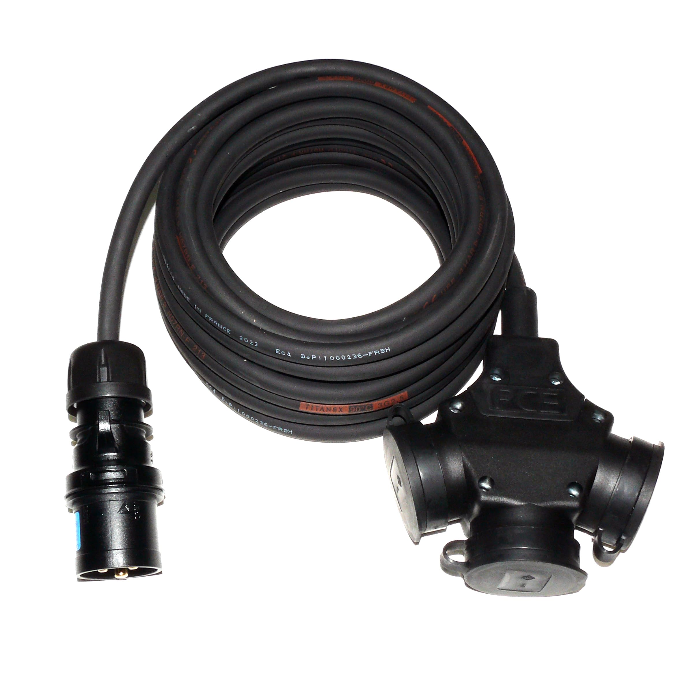 CEE-Stecker auf Schuko-Verteilung 3-Fach (1,5m-50m) 16A Verlängerungskabel Titanex H07RN-F 3x1,5mm² mit PCE Stecker und 3er-Kupplung IP44, Business-Line von Event-Kabel (10 Meter)