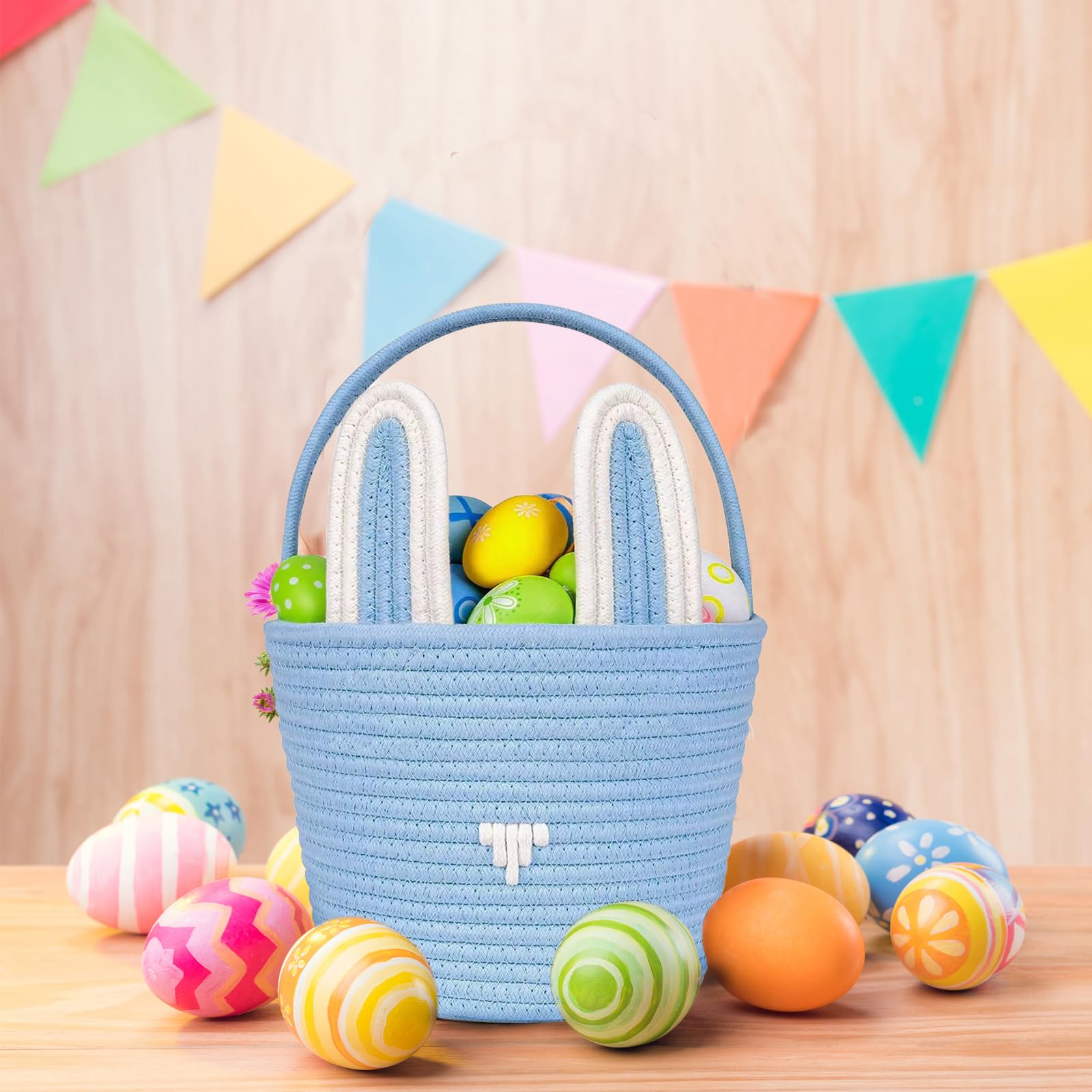 Poschnor Oster-Geschenkkorb leer mit Geschenktüten und Bändern, Osterhasenkorb, kleine gewebte Seilkörbe zum Organisieren, Korb zum Verschenken, Aufbewahrungskorb, Blau