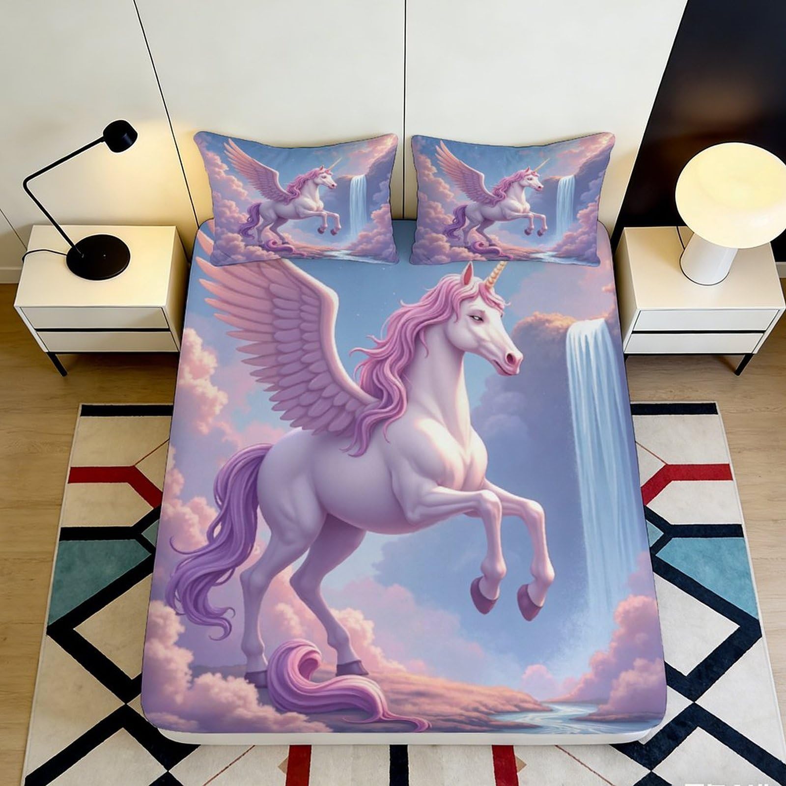 3D Printed Pink Pegasus Fitted Sheet Microfiber Soft Breathable Unicorn Bed Cover for Bedroom Dormitory Guest Room Mattress Protection 180x200x25cm