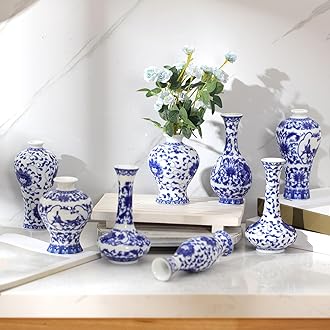 Dandat 8 Pcs Mini Chinoiserie Bud Vases Ceramic Blue and White Floral Chinese Porcelain Vase Set for Shelf Table Centerpieces Home Decor(Rustic)