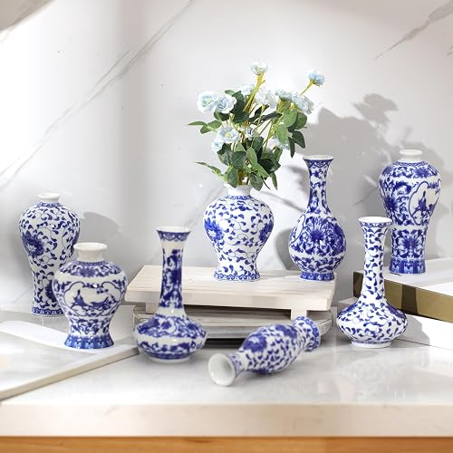 Dandat 8 Pcs Small Blue and White Ceramic Vase, Chinoiserie Floral,Rustic | Chinese Porcelain Bud Vase, Mini Classic Rustic Elegant Vintage, Shelf Table Centerpiece Home Office Party Wedding Decoration