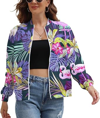 Womens Dinosaur Print Zip Up Bomber Jacket Long Sleeve Stand Collar Fall Jackets Lightweight Outerwear Coats
