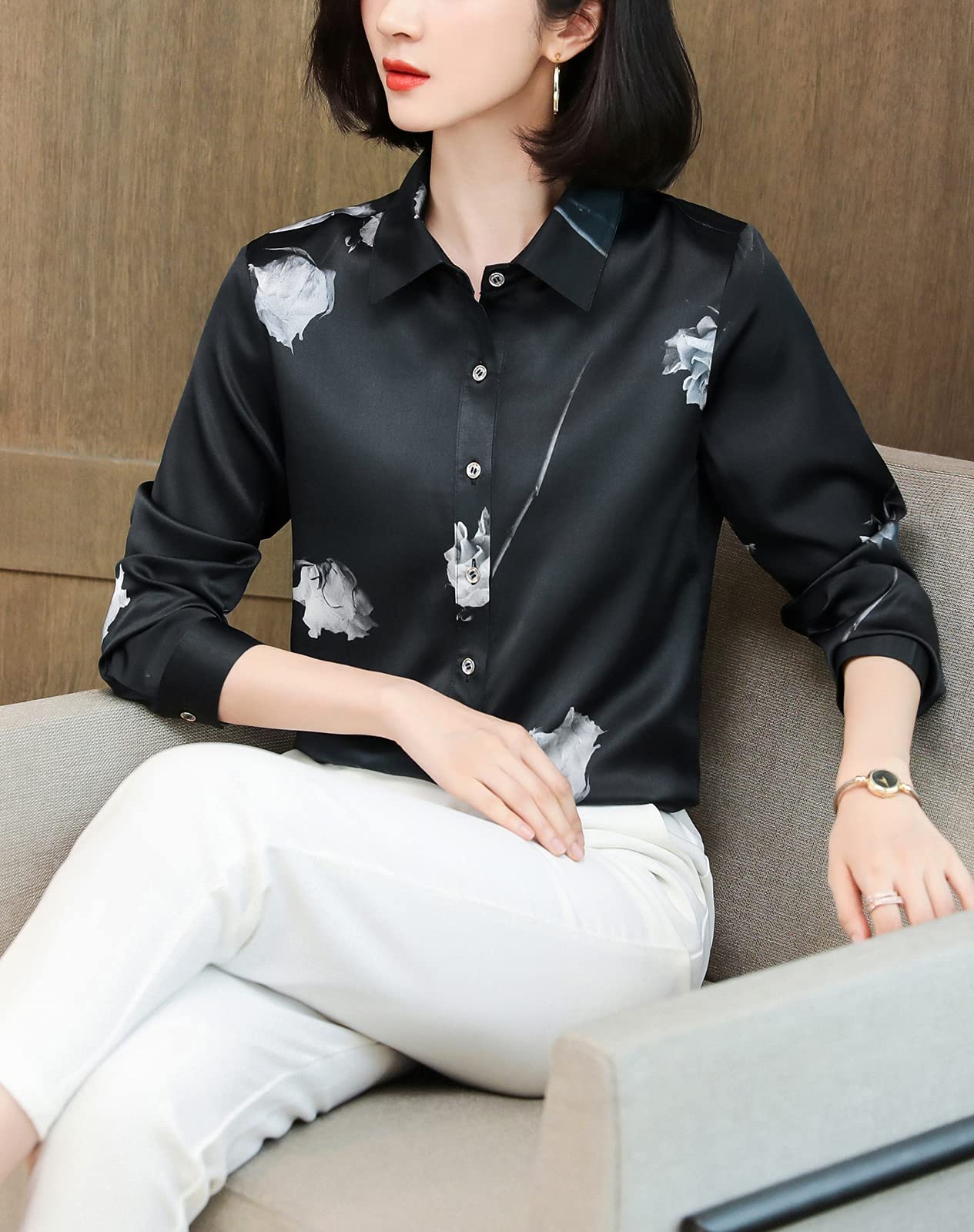 Valin Blusa de seda para mujer con estampado de botones, blusa de manga larga con solapa, blusa de seda, S9082