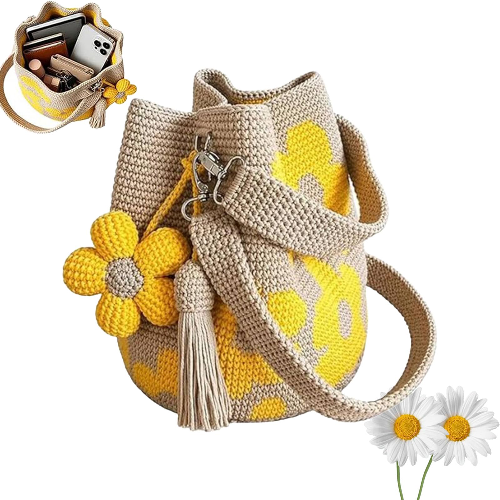 Bolso Crochet Mujer - Bolso Tote de Flores Tejido a Mano - Bolso Mujer Verano - Bolso de Playa Mujer para Vacaciones Viajes y Picnic
