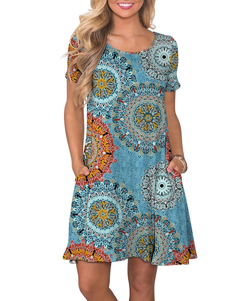 AUSELILY Women's Summer Dresses Casual T-Shirt Short Sleeve Dress Loose Swing Short Dress with Pockets
