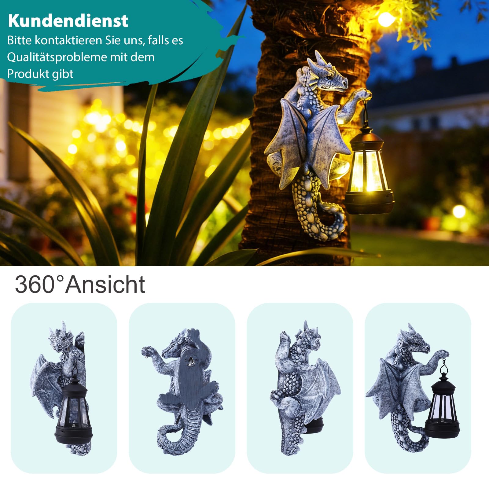 Yeomoo Drachen Figuren mit Solarlampen Baumstamm Gartendeko für Draußen: Lustige Drachen Gartenfiguren Deko mit LED Solar Lichterkette Aussen Geschenke für Männer/Frauen Garten Zaun Baum Zubehör Grau