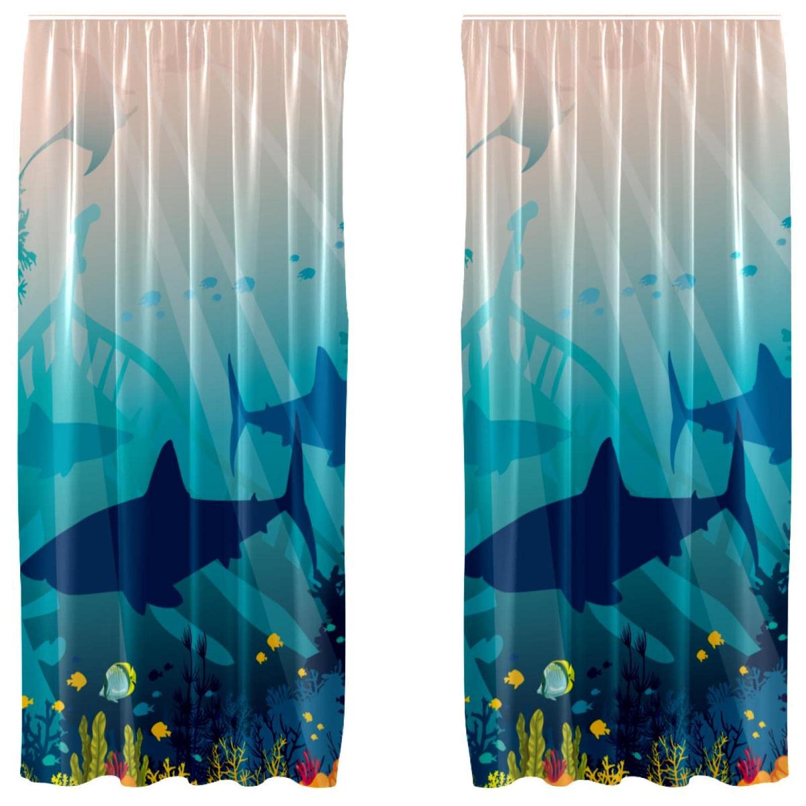 Tiburón coral azul cortinas de salón y dormitorio juego de 2 paneles 55 x 84 pulgadas