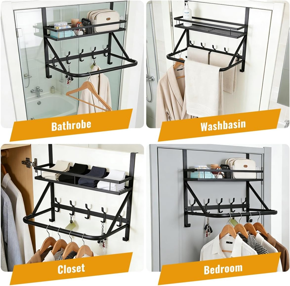 Over The Door Clothes Hanger, Metal Over The Door Hangers for Clothes with 7 Hooks1 Storage Basket For Clothing Hanger Drying Racks for Laundry, Bedroom, Washroom wait（black）