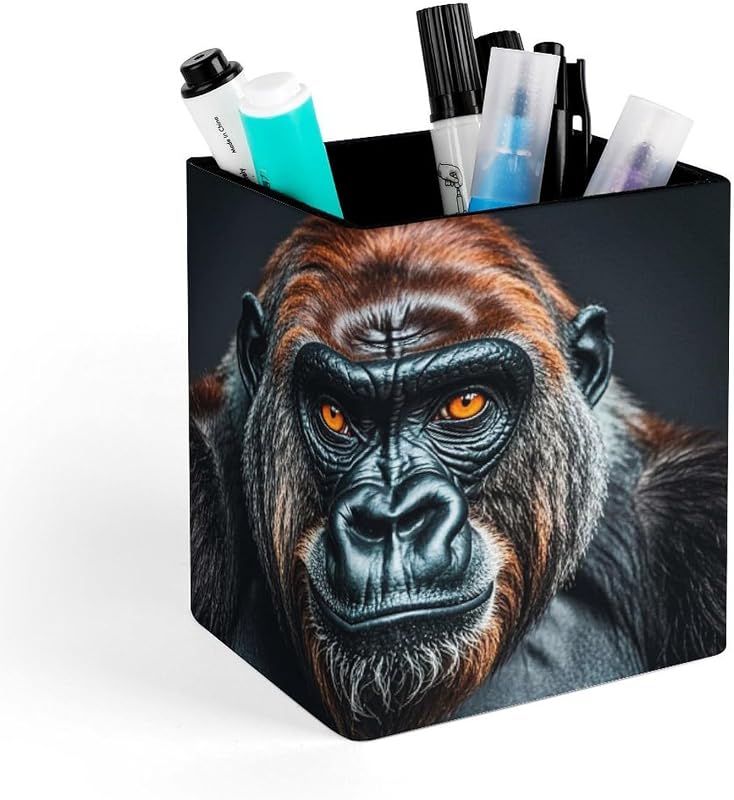 PU Leather Pen Holder A Gorilla Desk Organizer Square Pencil Cup for Office Supplies Non-slip Bottom Makeup Brush Holder Multi-functional Desktop Storage Caddy
