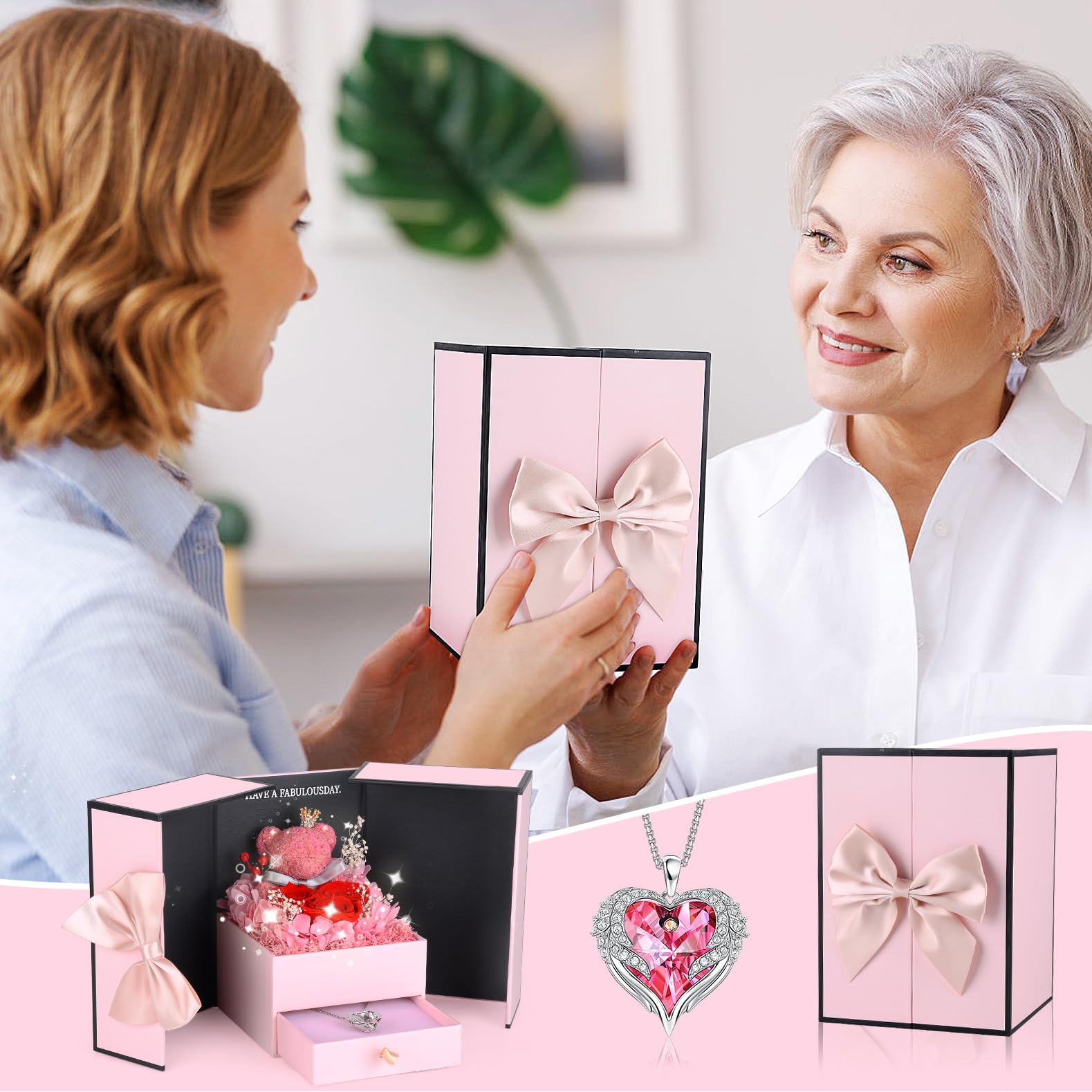 Rosa Eterna con Oso de Musgo,Rosa Eterna Natural Preservada con Collar Regalos Originales para Mujer Mama Novia Caja Regalo San Valentin,Dia de la Madre,Aniversario,Cumpleaños,Navidad
