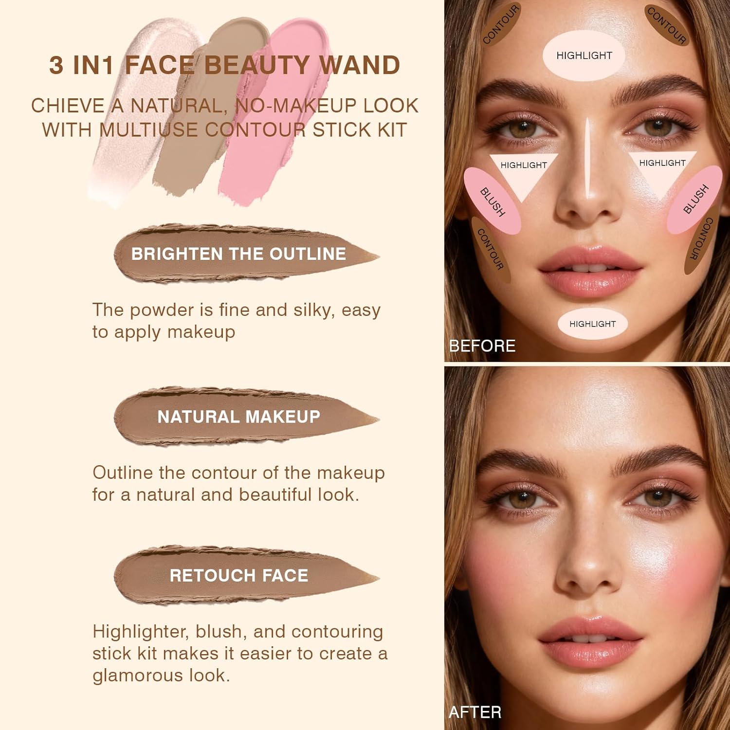 3Pcs Cream Contour Sticks, Shades with Highlighter & Blush & Bronzer Stick, Makeup Contour Stick Set for Sculpt the Cheeks Long Lasting Dewy & Matte Finish Lightweight LIGHT MEDIUM (SET-B) - Image 3