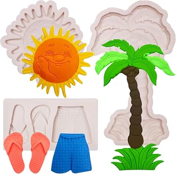 Sun Chocolate Silicone Molds 3 Pcs, Hawaiian Coconut Tree Seaside Beach Fondant Molds Slipper Surf Shorts Candy Mould for Cake Decoration Cupcake Topper Summer Party Polymer Clay Crafts Resin