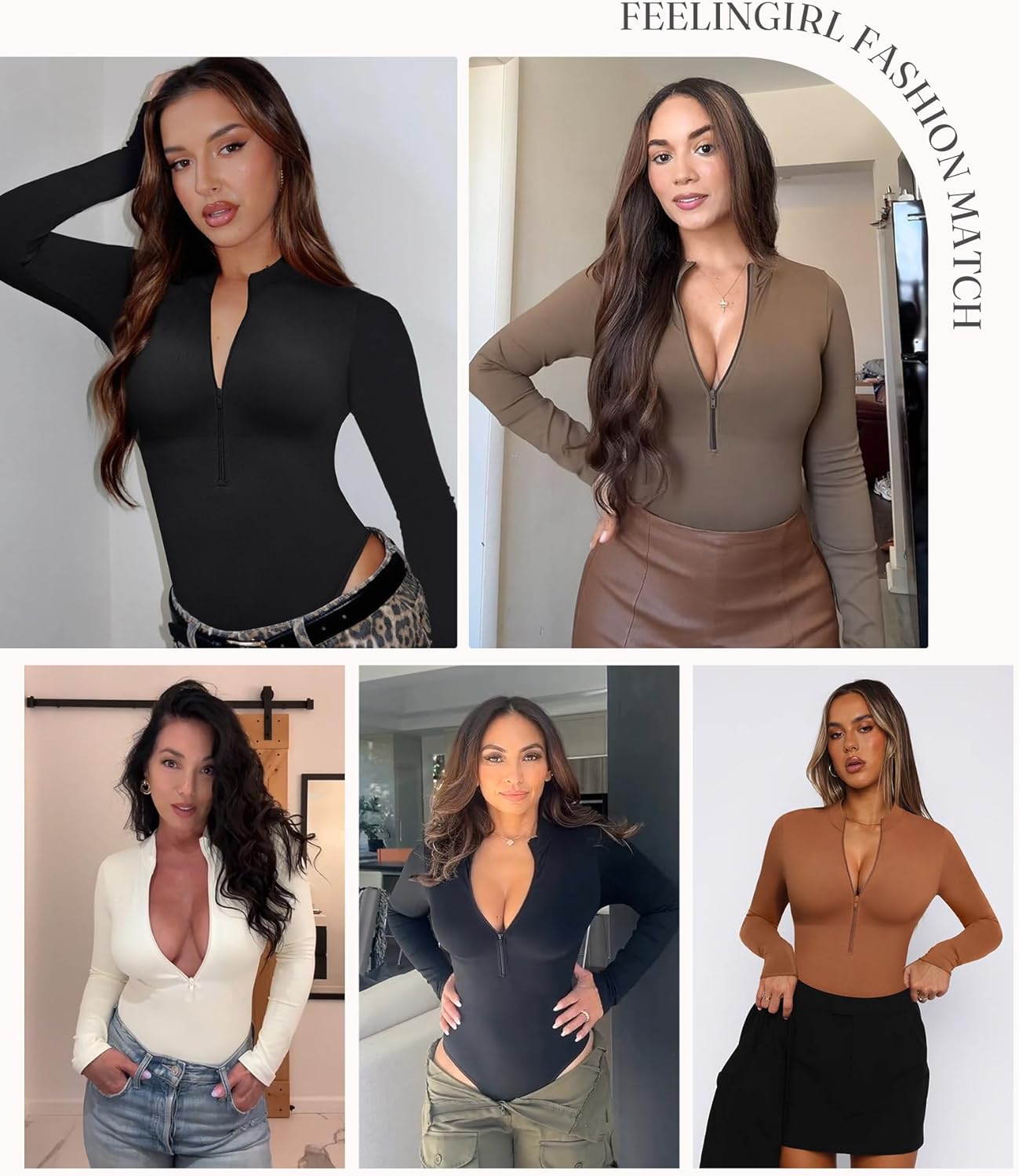 FeelinGirl Long Sleeve Bodysuit for Women Mock Turtle Neck Body Suits Zip Up Design Black Tummy Control Bodysuit Shirts - Image 2