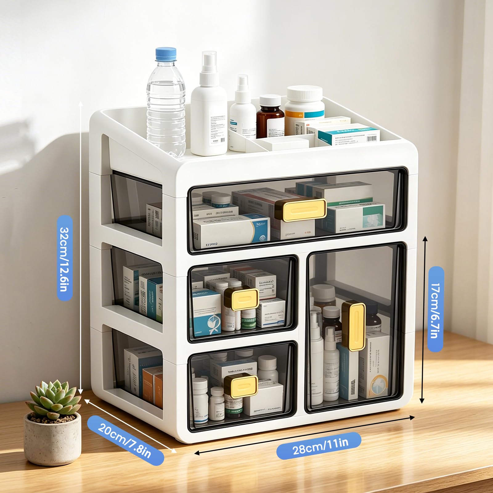Boîte de Rangement à Quatre Tiroirs,Armoire Pharmacie en Plastique Blanc,Organiseur de Médicaments avec Tiroirs Transparents,Grand Rangement pour Medicaments et Petits Cosmétiques,pour Maison Bureau