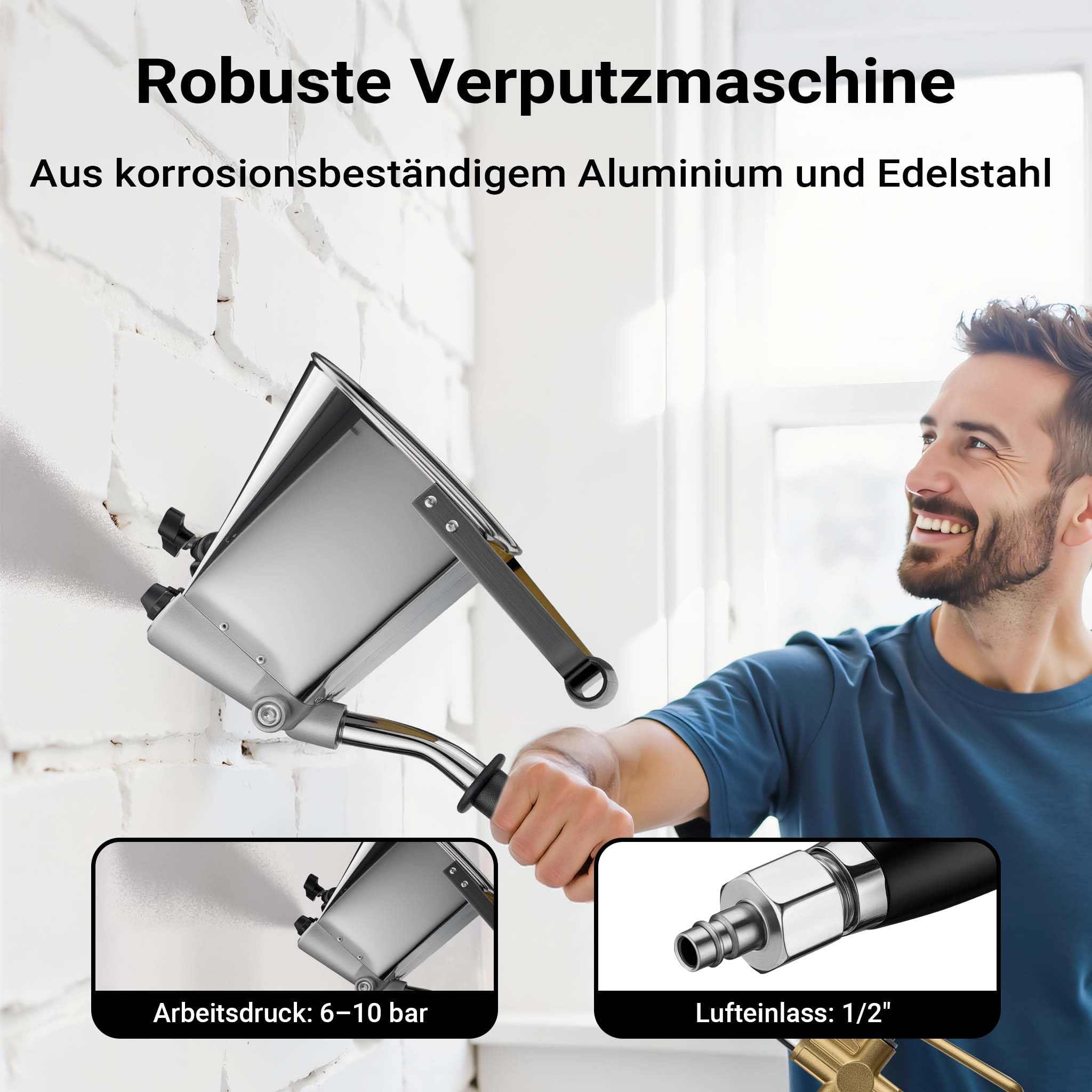 Wiltec Verputzmaschine 6-10 bar, Putzpistole mit 8 mm Düse, Mörtelpistole 3,7 l Trichter, Putzwerfer 72 cm, Putzmaschine Aluminium und Edelstahl