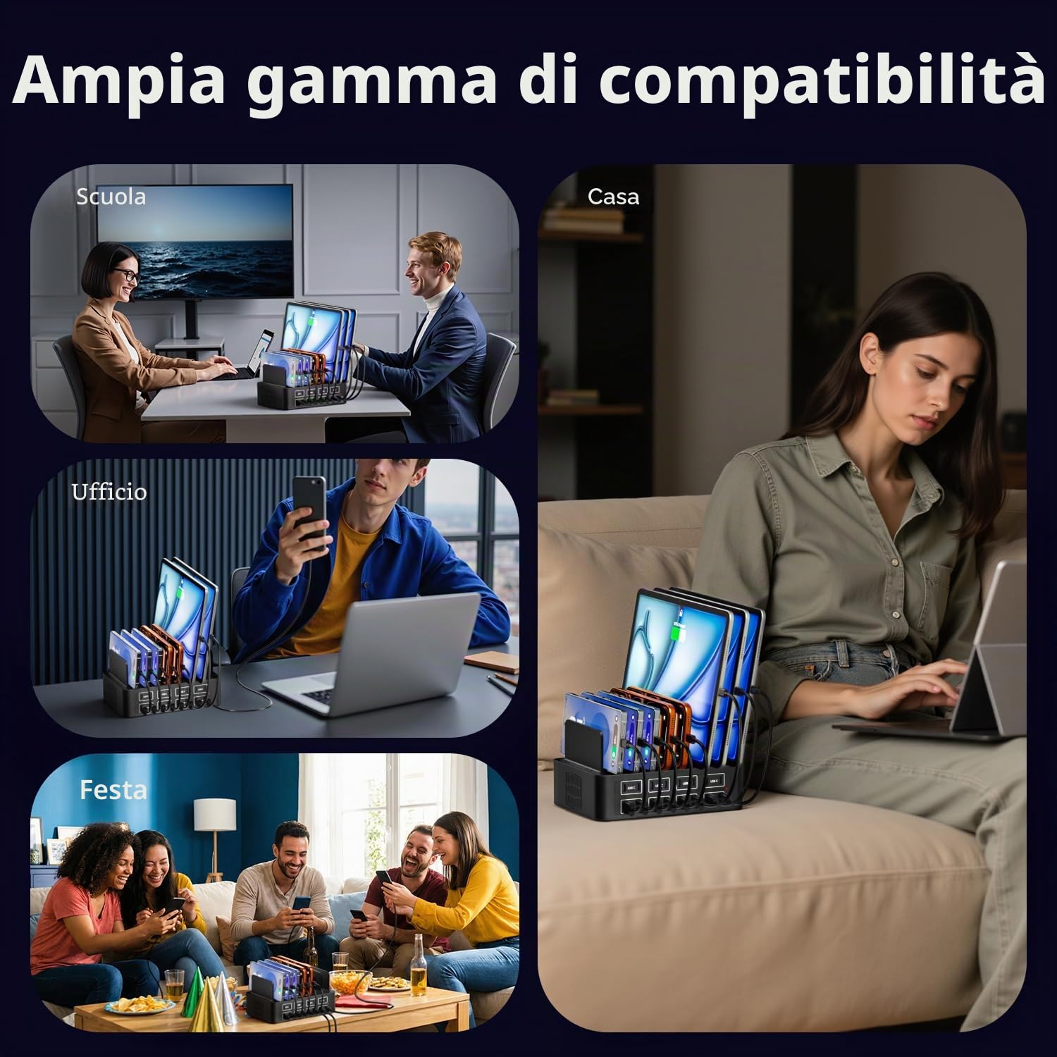 Stazione di ricarica USB, 16 porte 150W, con separatore rimovibile, hub di alimentazione USBC, compatibile con iPhone 16/15, Samsung Galaxy S25/S24, Google/Tablet/altri dispositivi USB