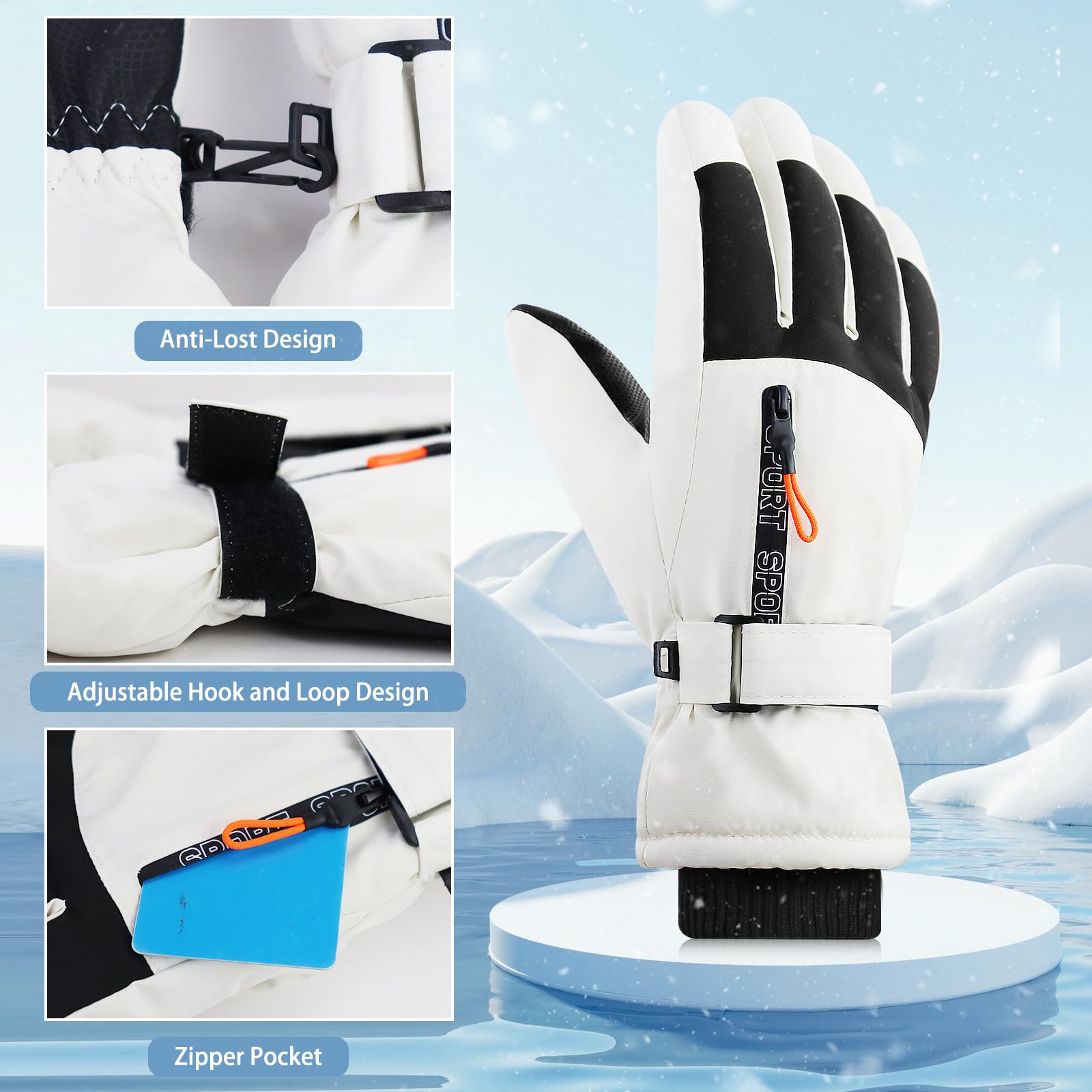 Andiker Skihandschuhe für Herren, Winddichte, wasserdichte Warme Handschuhe mit Reißverschlusstasche, Anti-Verlust, Touchscreen Winterhandschuhe 