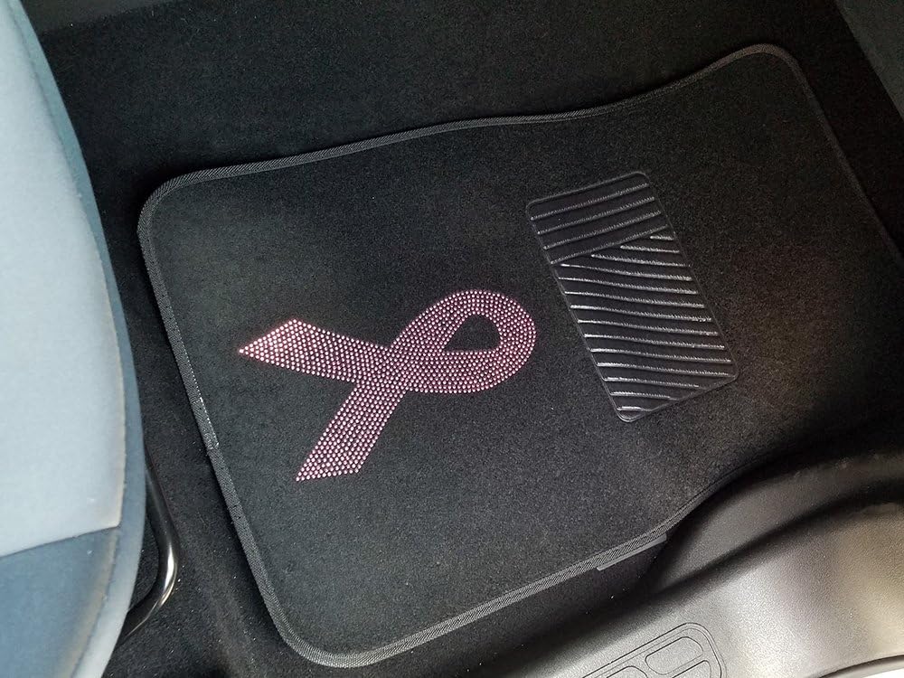 CarsCover Pink Ribbon Breast Cancer Awareness Crystal Diamond Bling Rhinestone Studded Carpet Car SUV Truck Floor Mats 4 PCS