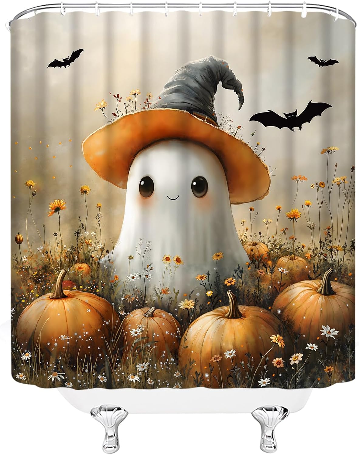 Ghost Pumpkin Extra Long Shower Curtain,Halloween Spooky Decor for Bathroom,Floral Autumn Festival Fall Cute Orange Fabric Curtain with Hooks,70x78 Inch