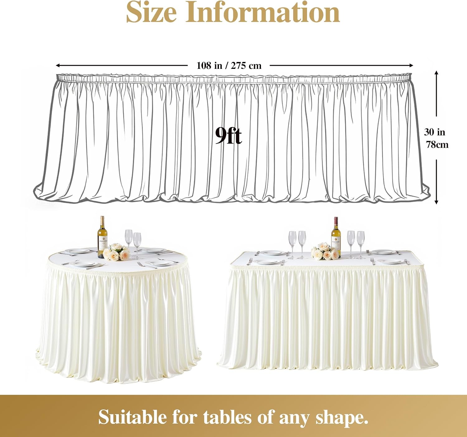 9Ft Ivory Satin Table Skirt for Rectangle or Round Tables, Wrinkle-Free & Ruffle Pleated Teacher Desk Skirt Sparkly Spandex Table Skirting for Home Office & Kitchen, Trade Shows, Wedding Party Decor