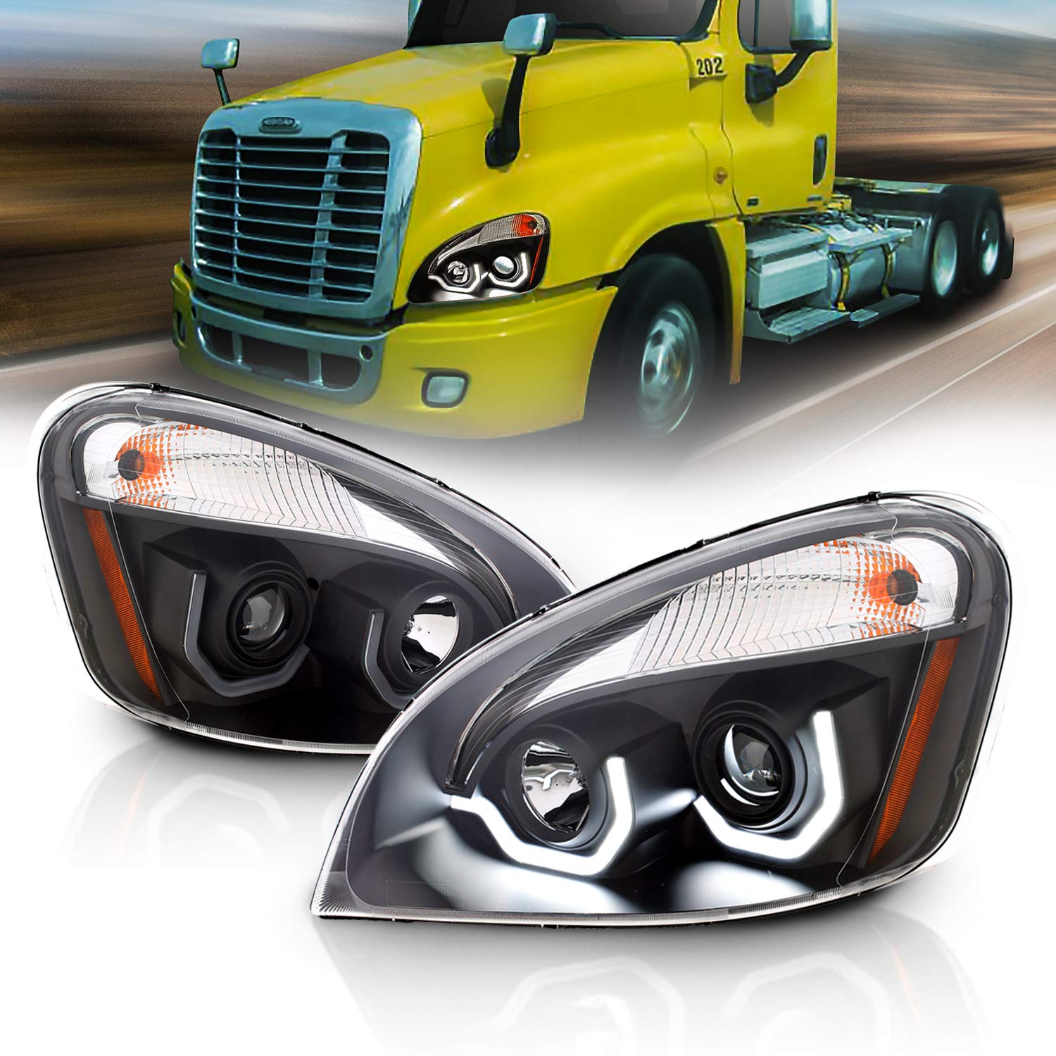 AmeriLite Projector Black Replacement Halogen Headlights Dual LED Bar Set For 2008-2020 Freightliner Cascadia (Pair) High/Low Beam Bulb Included, Vehicle Light Assembly