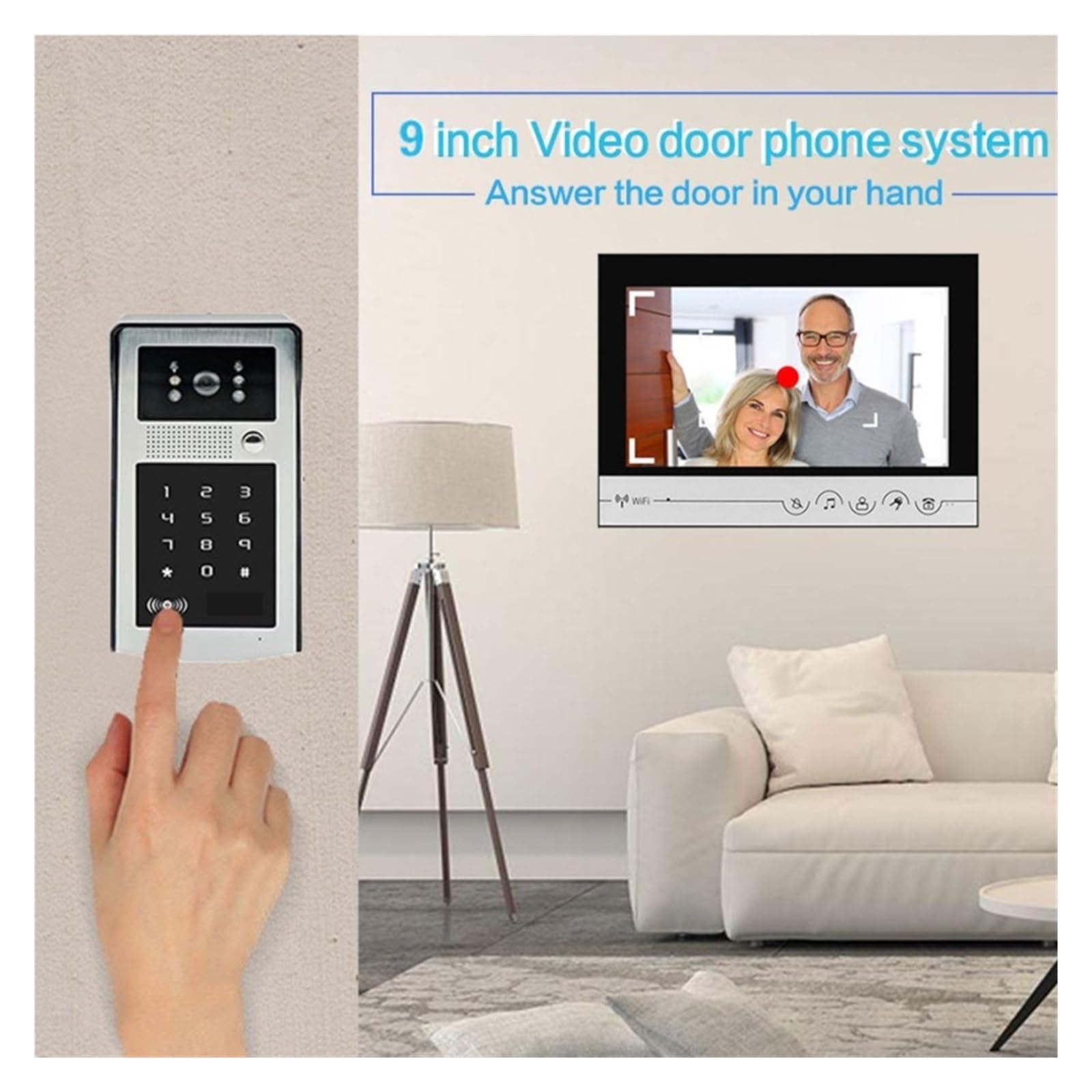 Sonnette Vidéo 4 en 1 9 Pouces avec Déverrouillage Wi-FI, Interphone Vidéo, Caméra avec Mot De Passe Et Serrure De Porte À Commande Électrique