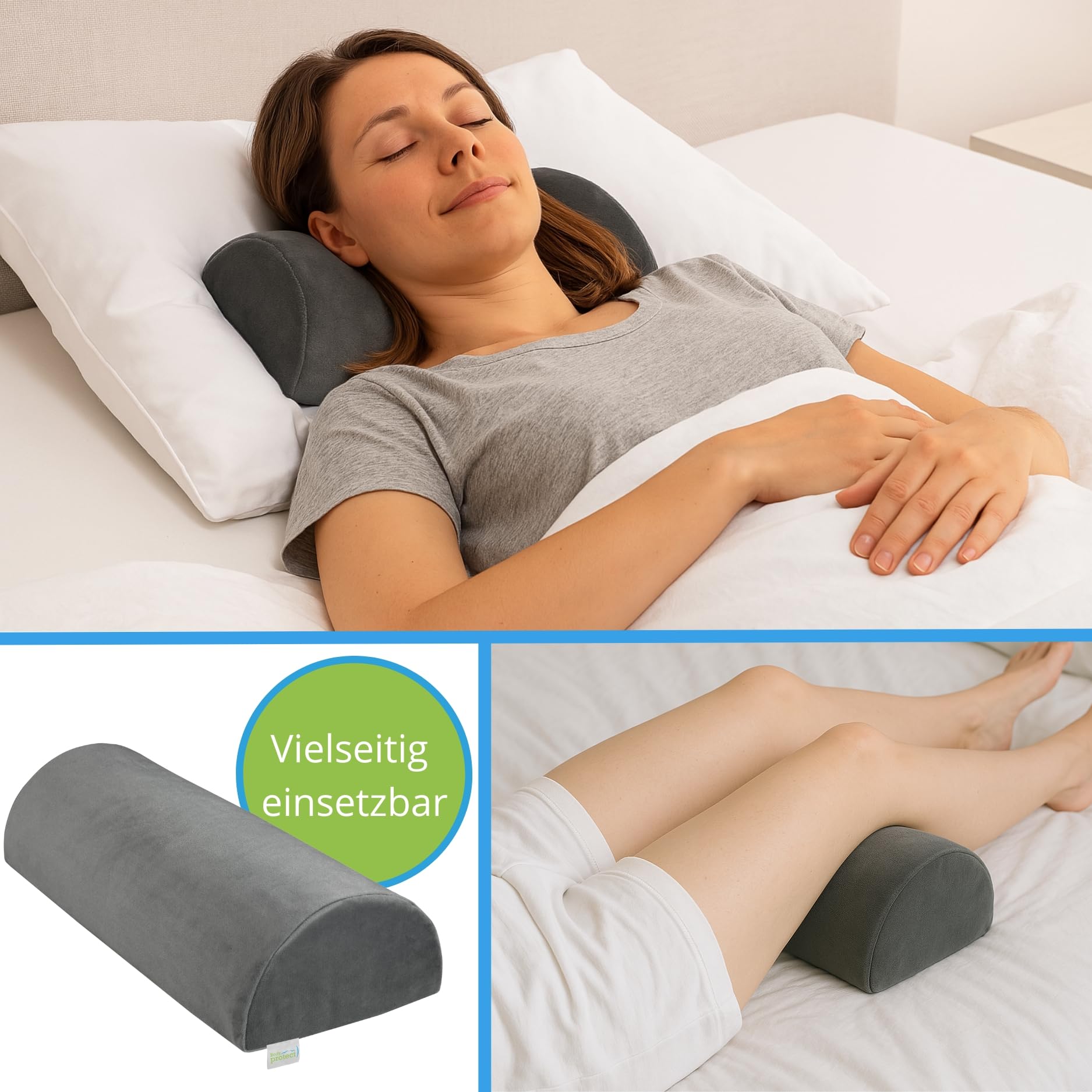 Bodyprotect festes Kniekissen 42x18x10 cm mit Mikroplüsch Bezug, Nackenrolle, Beinkissen 42 x 18 x 10 cm, Kissenrolle Neck Pillow, Kopfkissen, Oeko-TEX, Made in EU, bis 40 Grad waschbar