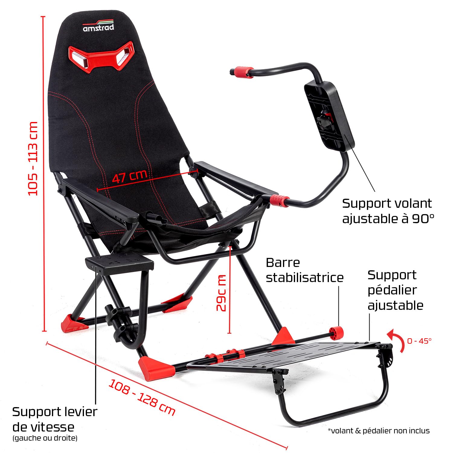 Amstrad AMS-Racing-SIM Siège de simulateur Auto avec Support pour Volant & Levier de Vitesse - 3 Niveaux de réglage Hauteur