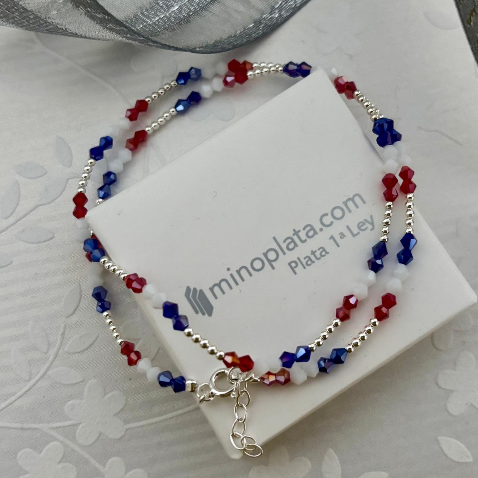 Collar Bandera Francia Plata de Ley 925 Cuentas Tricolor 44cm