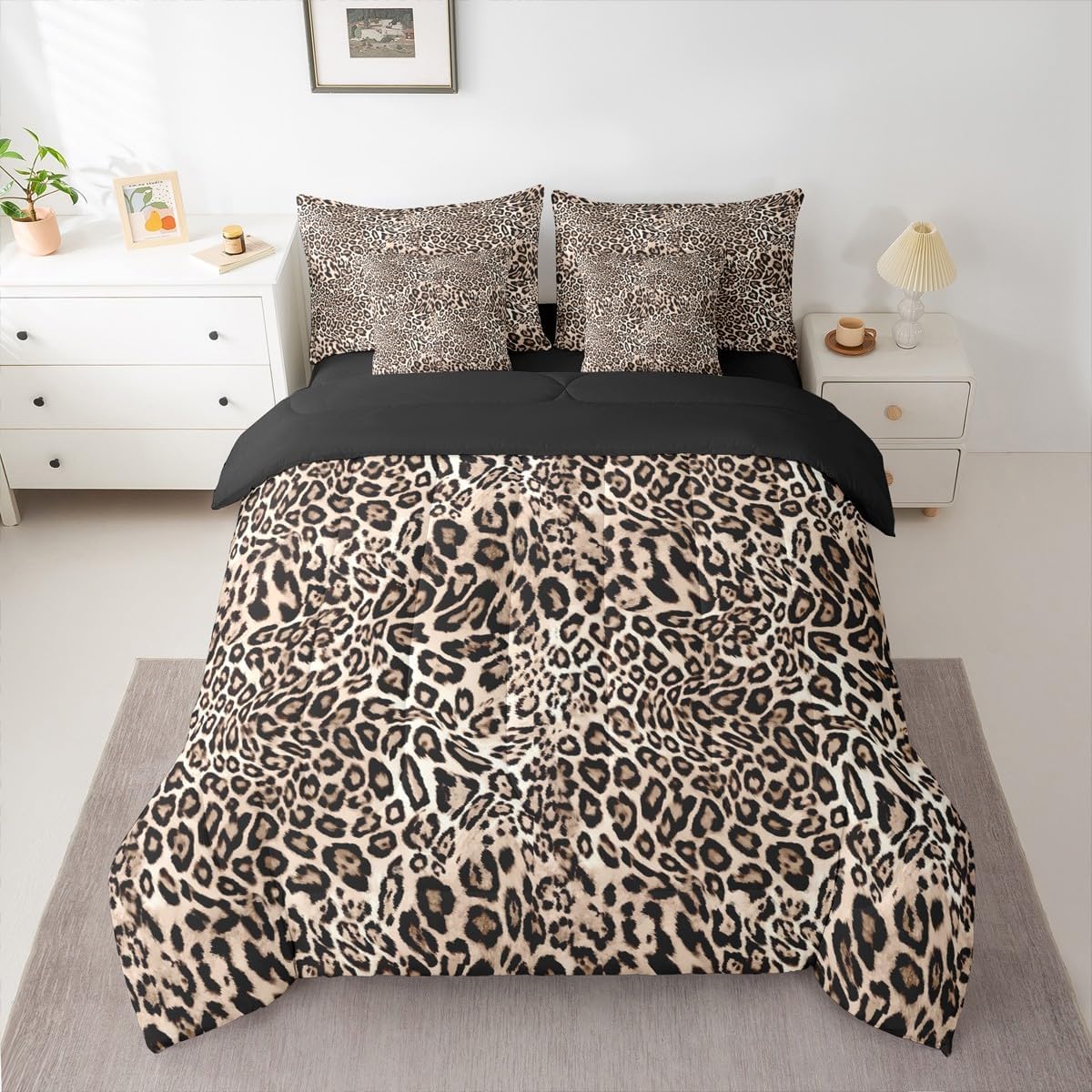 Manfei Leopard Print Comforter Set King Size,West Farmhouse Style Bedding Set for Bedroom Decor,Wild Animal Skin Bed Set 7 Pieces(Comforter+Fitted+Flat Sheet+Pillowcase+Pillow Cover)