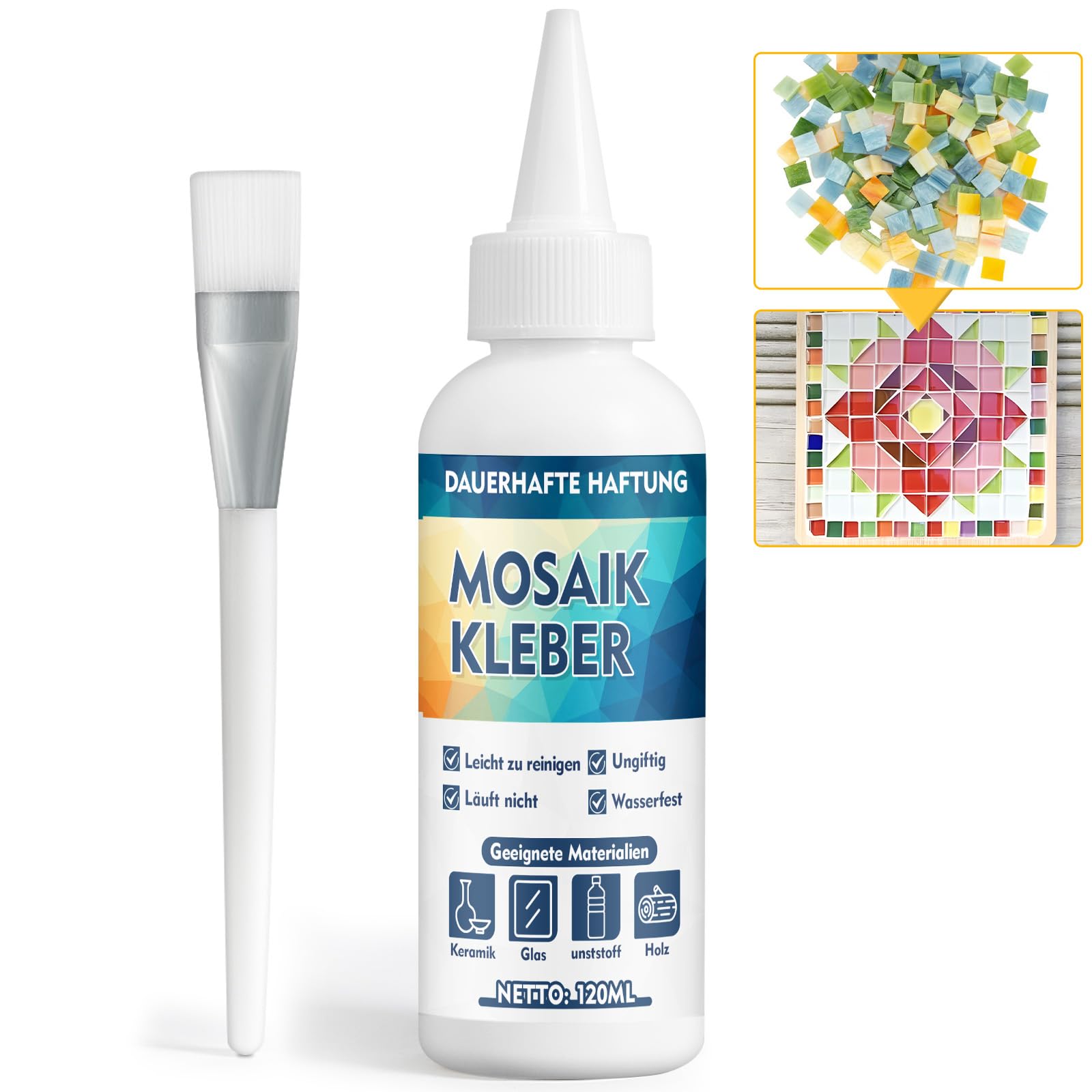 Bellifluous Mosaic Glue, Mosaic Tiles Arts and Crafts, 120ml Transparent Craft Glues for Gemstones, Glass, Ceramics, Stone, Plastics, Non-toxic and Waterproof Adhesive Glues for Mosaics