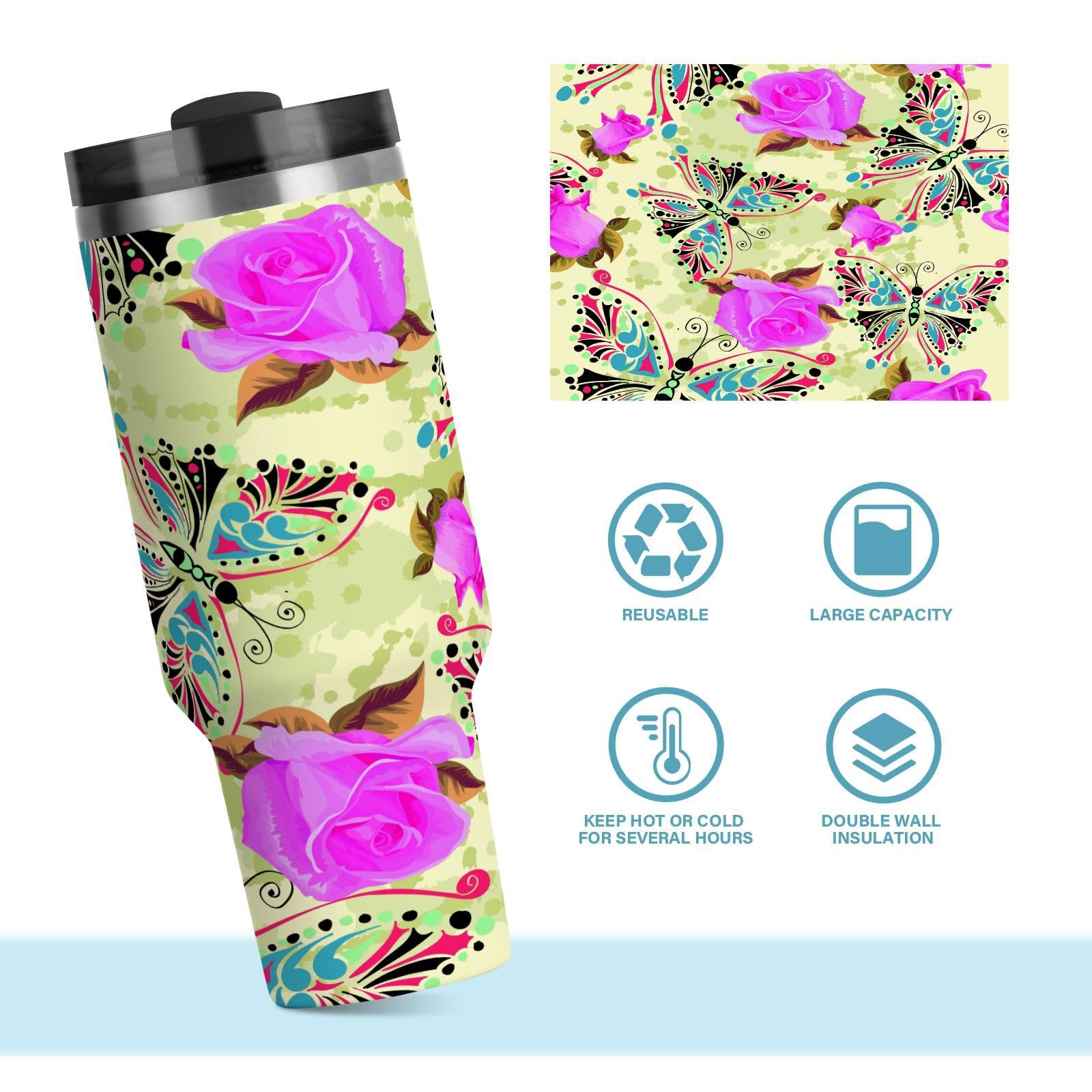 Isolierter Becher mit Blumenmotiv und Schmetterling, doppelwandig, Edelstahl, Wasserflasche, Kaffeetasse, Reisebecher mit Griff, Strohhalm-Deckel