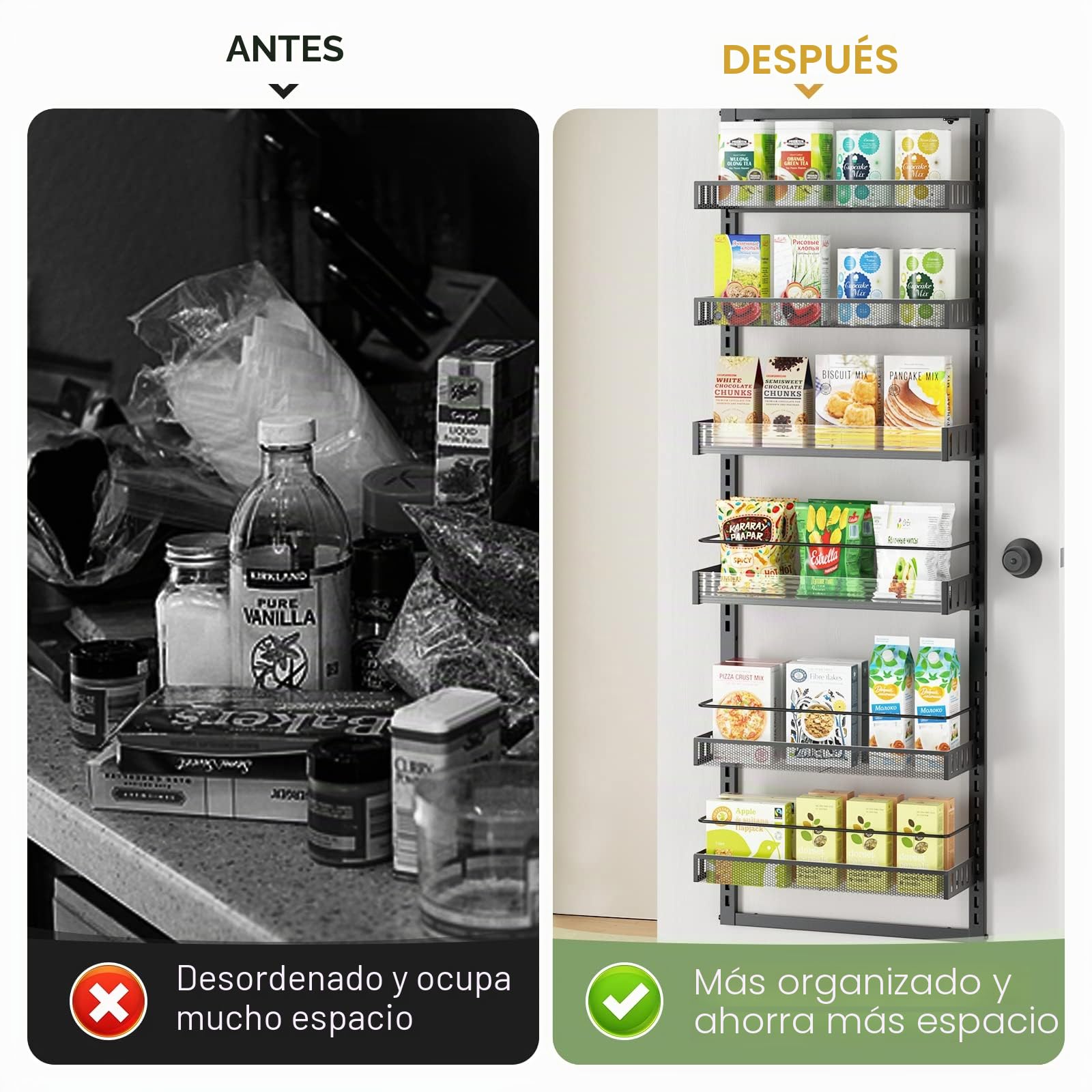 POKIPO Organizador de despensa sobre la puerta, estante grande de almacenamiento de 6 niveles montado en la pared, cestas colgantes ajustables de metal resistente para despensa, dormitorio, baño, sala