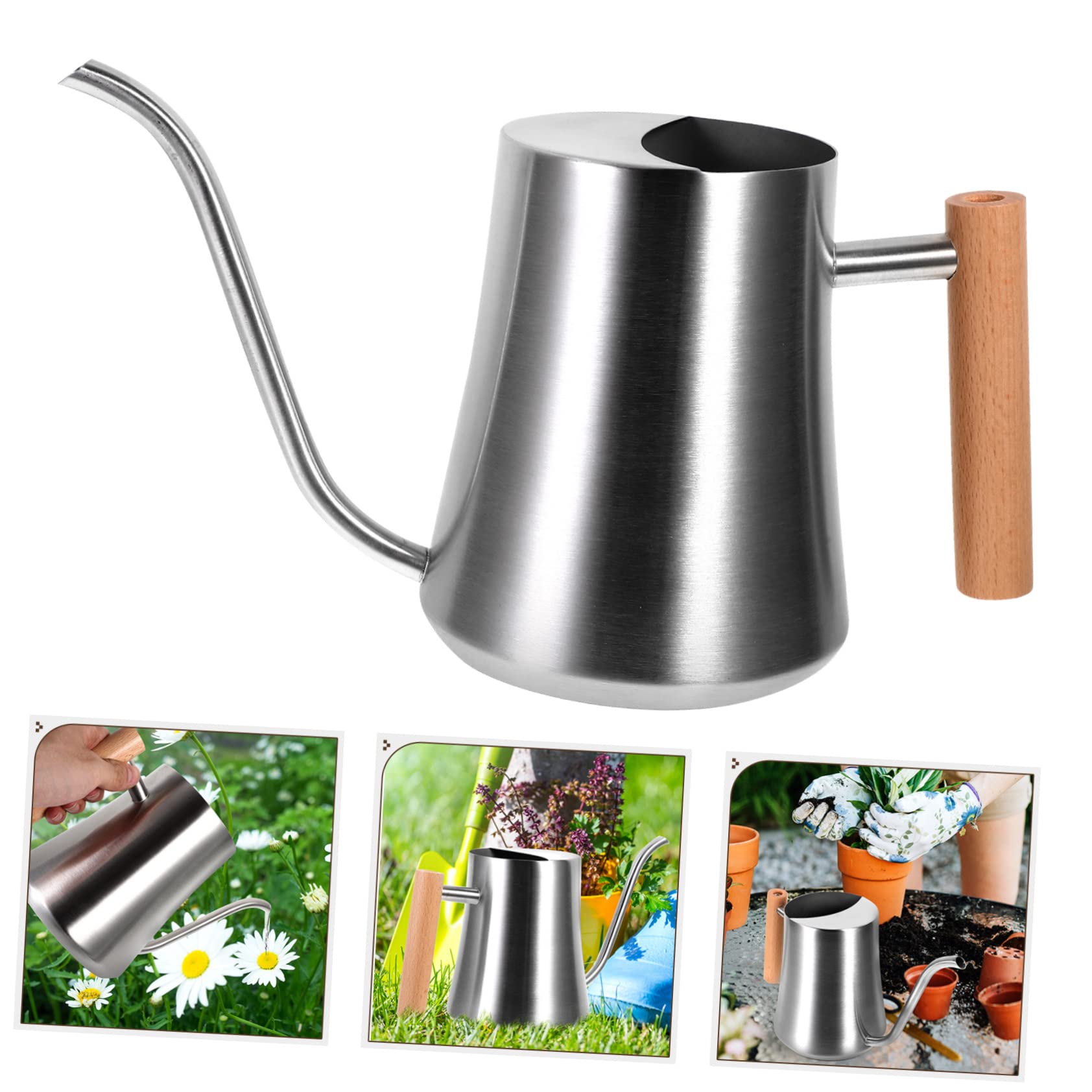 Regadera de Jardín Interior 1l de Acero Inoxidable Mango de Madera | Plata, Asa Ergonómica y Estructura Robusta, Uso en Casa y Exterior, para Plantas y Flores