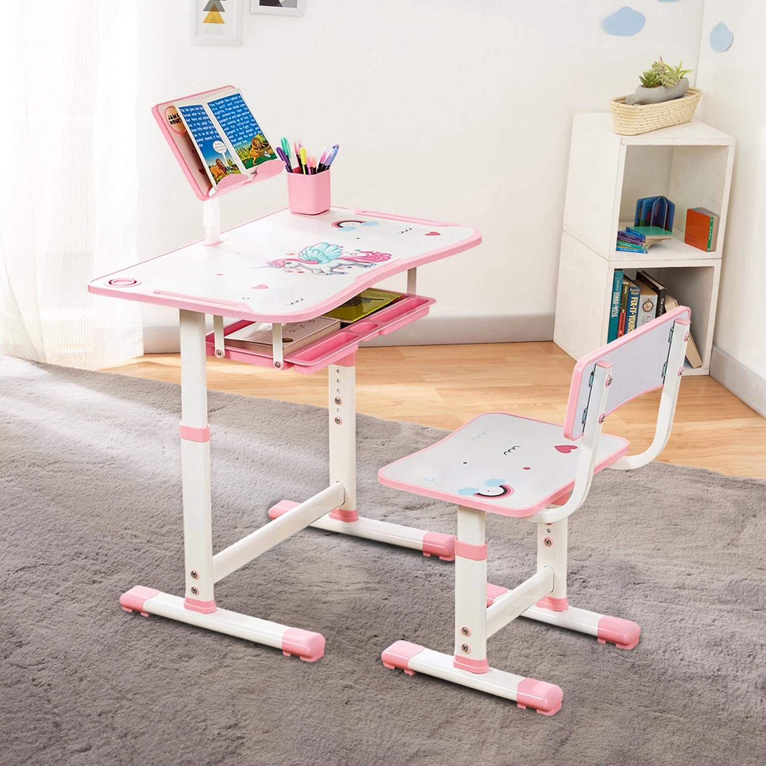 Amazon Brand - Jam & Honey Kids Functional Desk and Chair Set, Height Adjustable Children School Study Table with Book Holder Slot |Age 3+ Years (Pink)