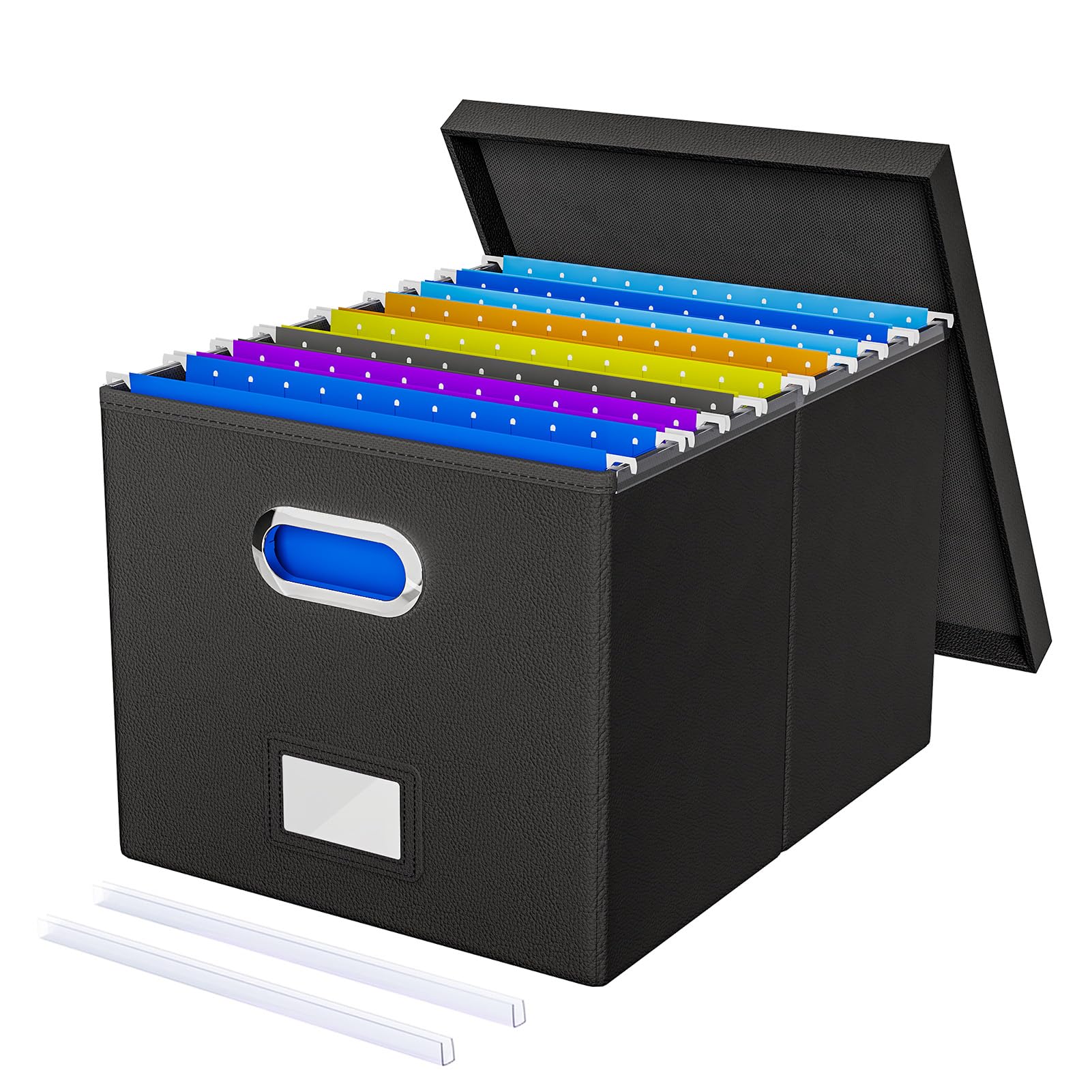 Black Leather Portable Hanging File Box with Lid for Letter Legal