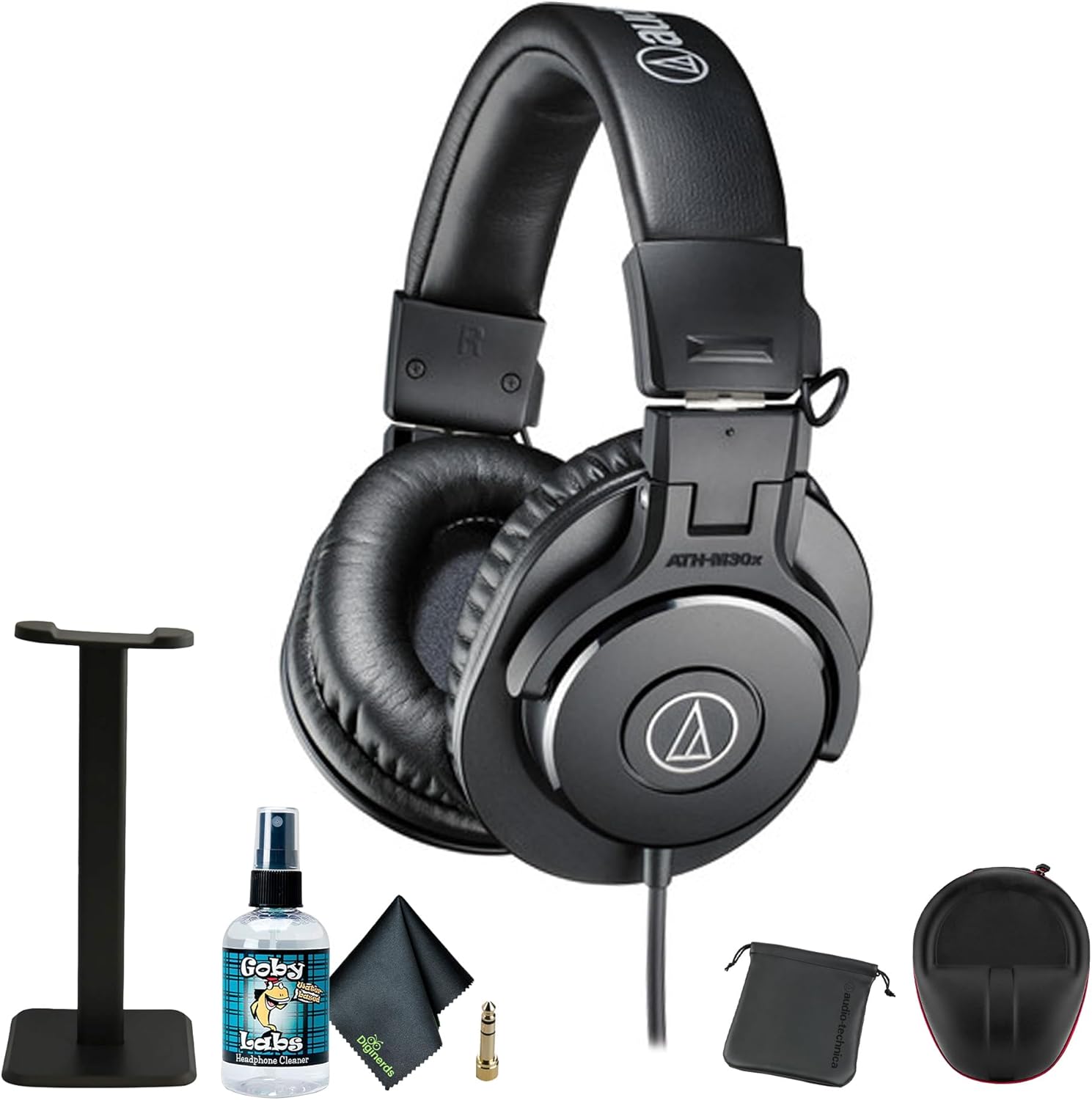 Audio-Technica ATH-M30x Professional Studio Monitor Headphones, Black + Microfiber Cleaning Cloth + Headphone Stand + Headphone CASE + Goby Labs Headphone Cleaner 4 fl oz