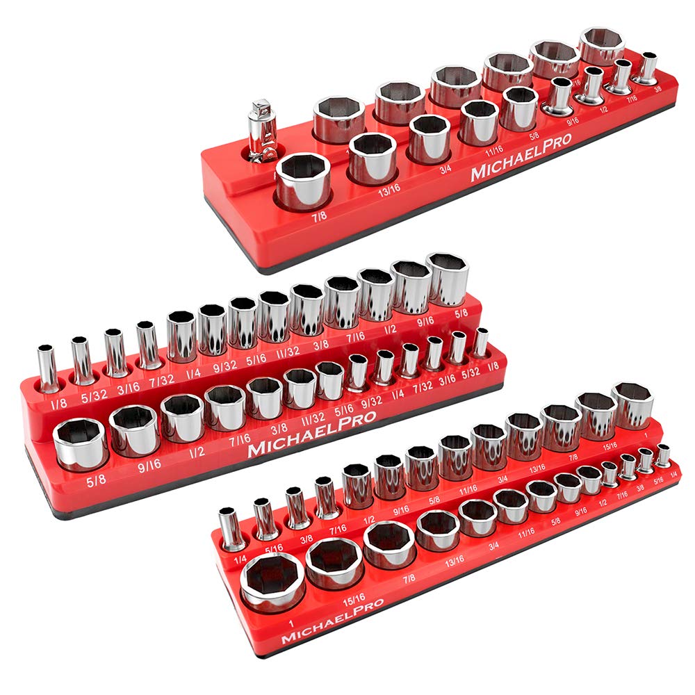 MichaelPro MP014003 3-Pc Magnetic Socket Organizer- 1/4-inch, 3/8-Inch & 1/2-Inch Drive Magnetic Socket Holder Kit in SAE, Professional Grade Socket Organizers for Toolboxes/Cabinets (SAE), Red