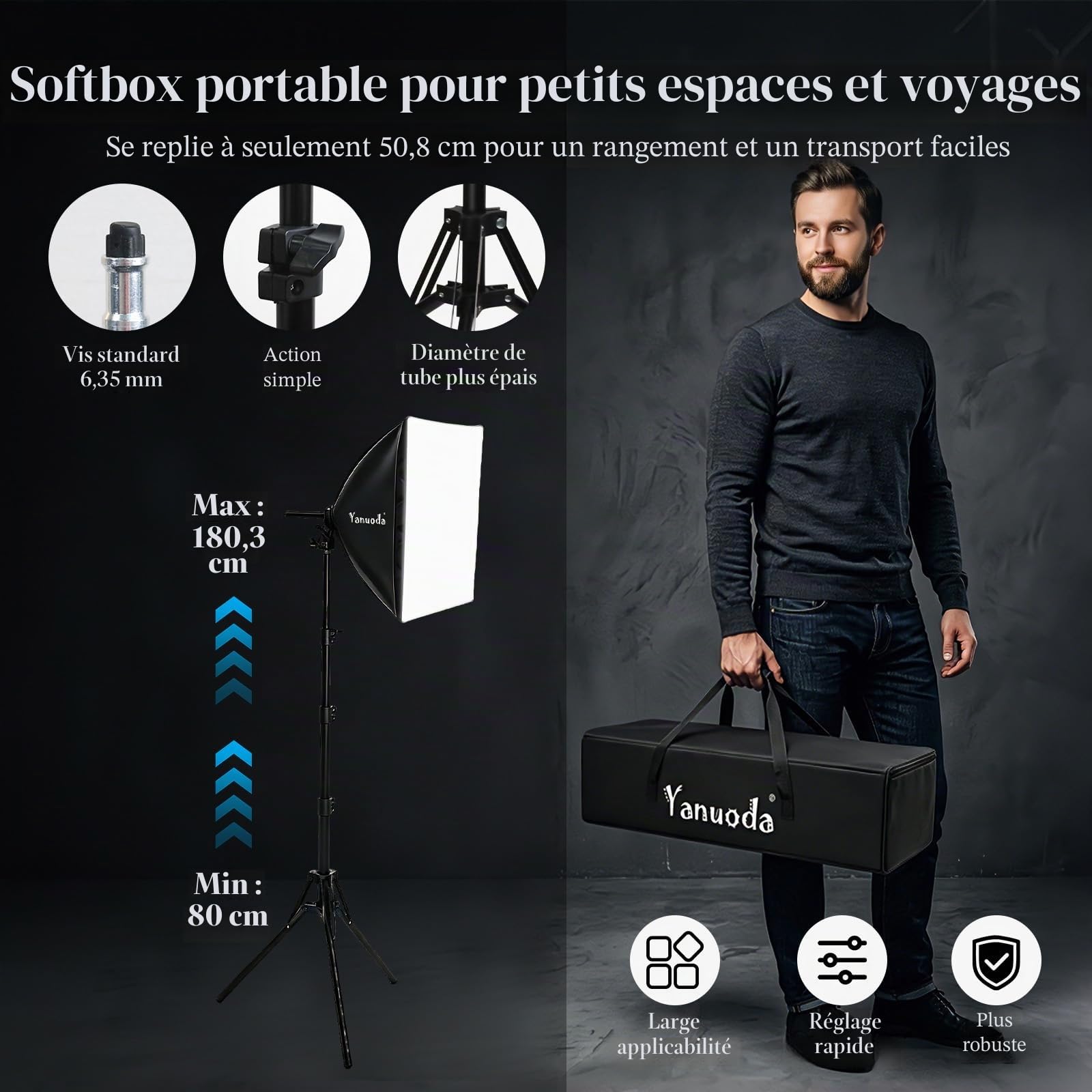 Kit éclairage Softbox Professionnel 40x40cm - Ampoule LED 95W (3000-7500K, E27) - Studio Photo Vidéo, Portrait, Streaming