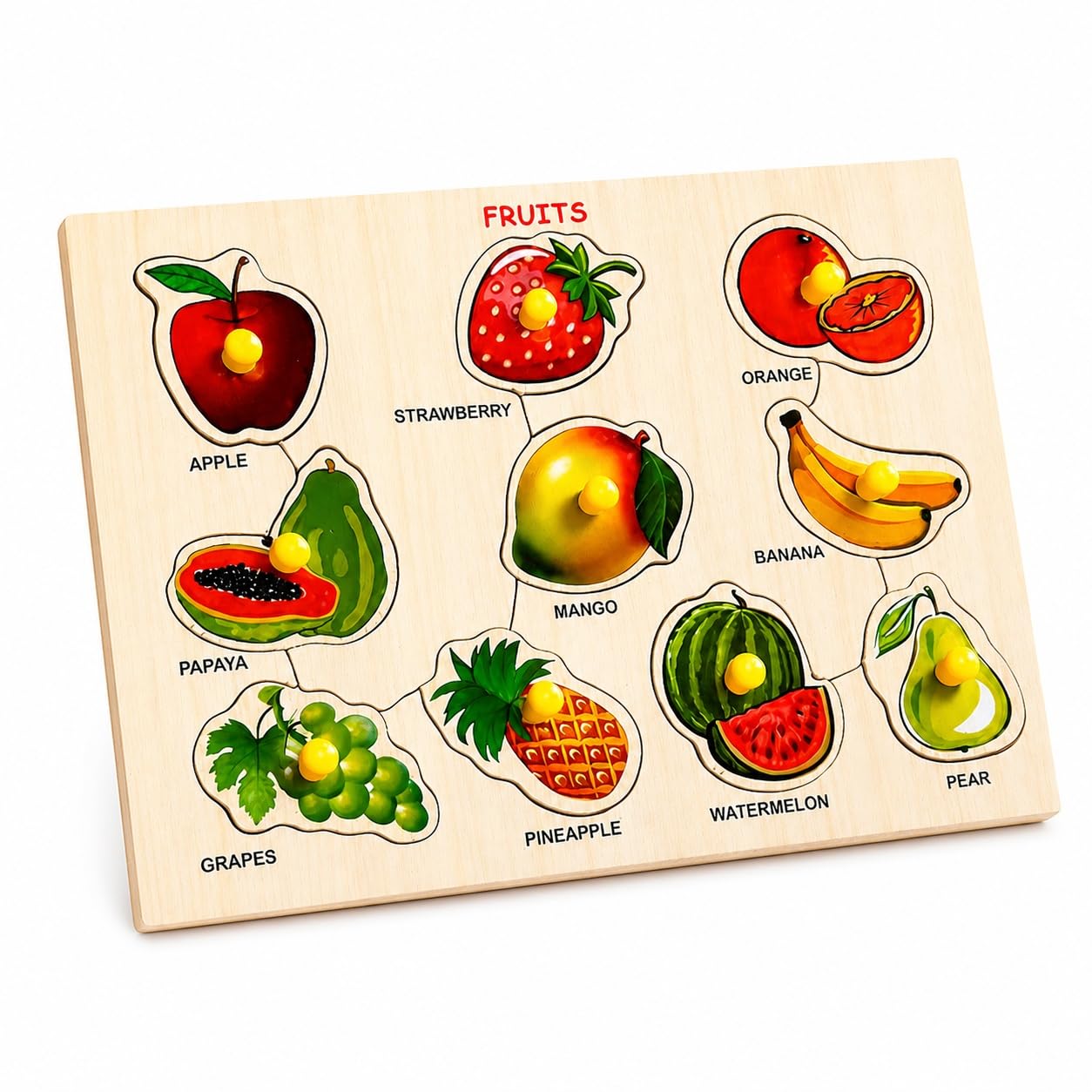 Wooden Fruit Puzzle for Toddlers with Easy-Grip Knobs | 9mm Extra Thick Durable Board | Montessori Early Learning Toy for Vocabulary & Color Recognition (Boys & Girls)-image-26