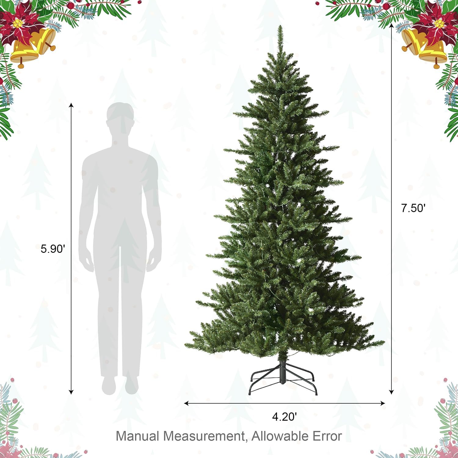 Diagram illustrating the dimensions of the 7.5ft Christmas tree, showing height and base width